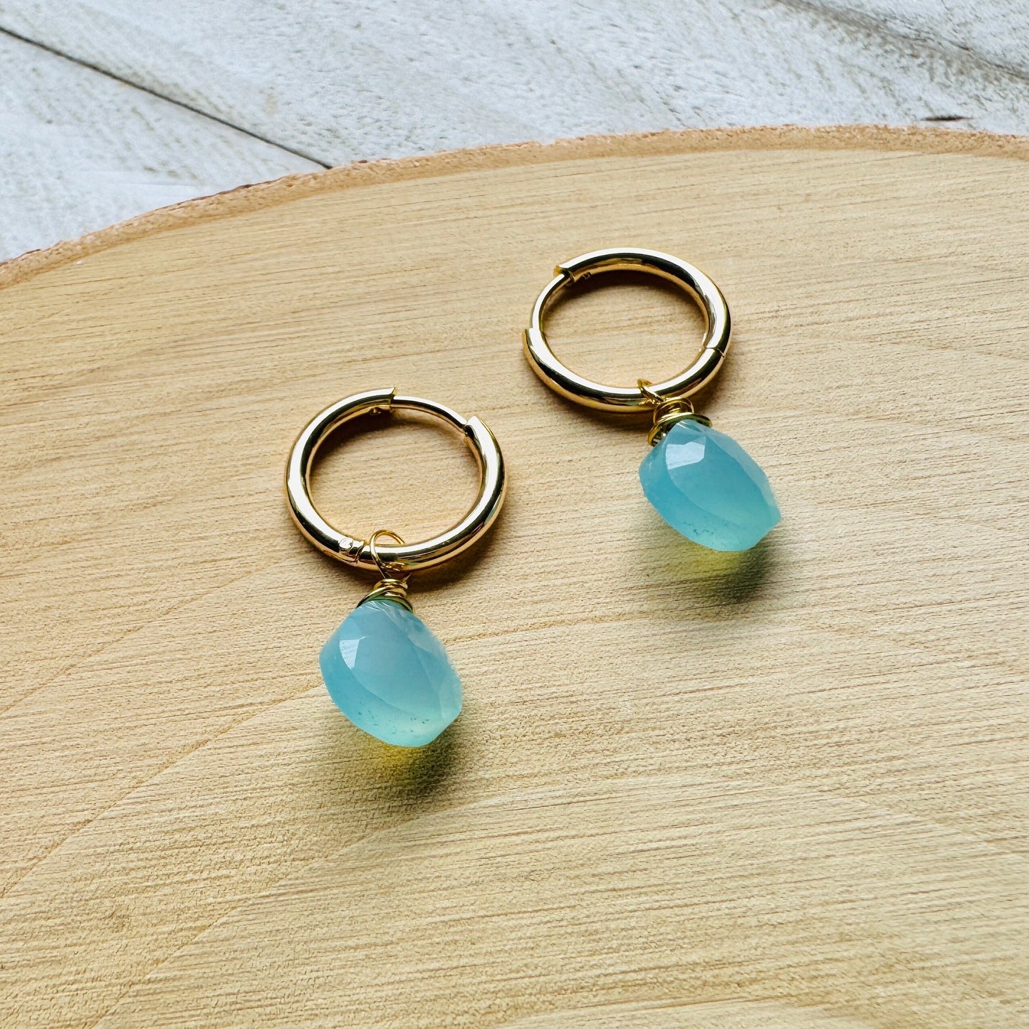 Aqua Chalcedony Huggie Hoop Earrings