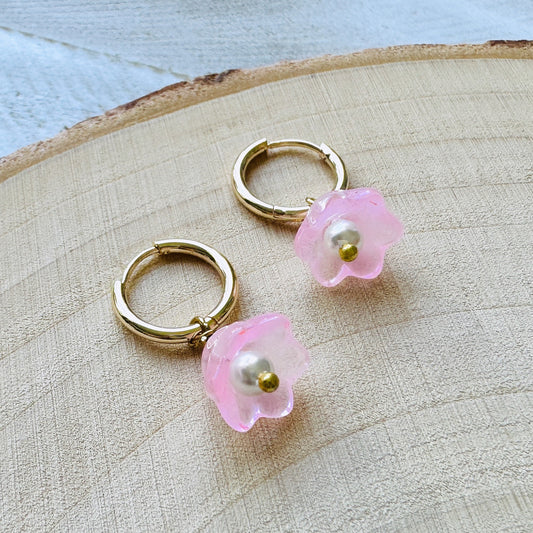 Pink Flower Pearl Huggie Hoop Earrings