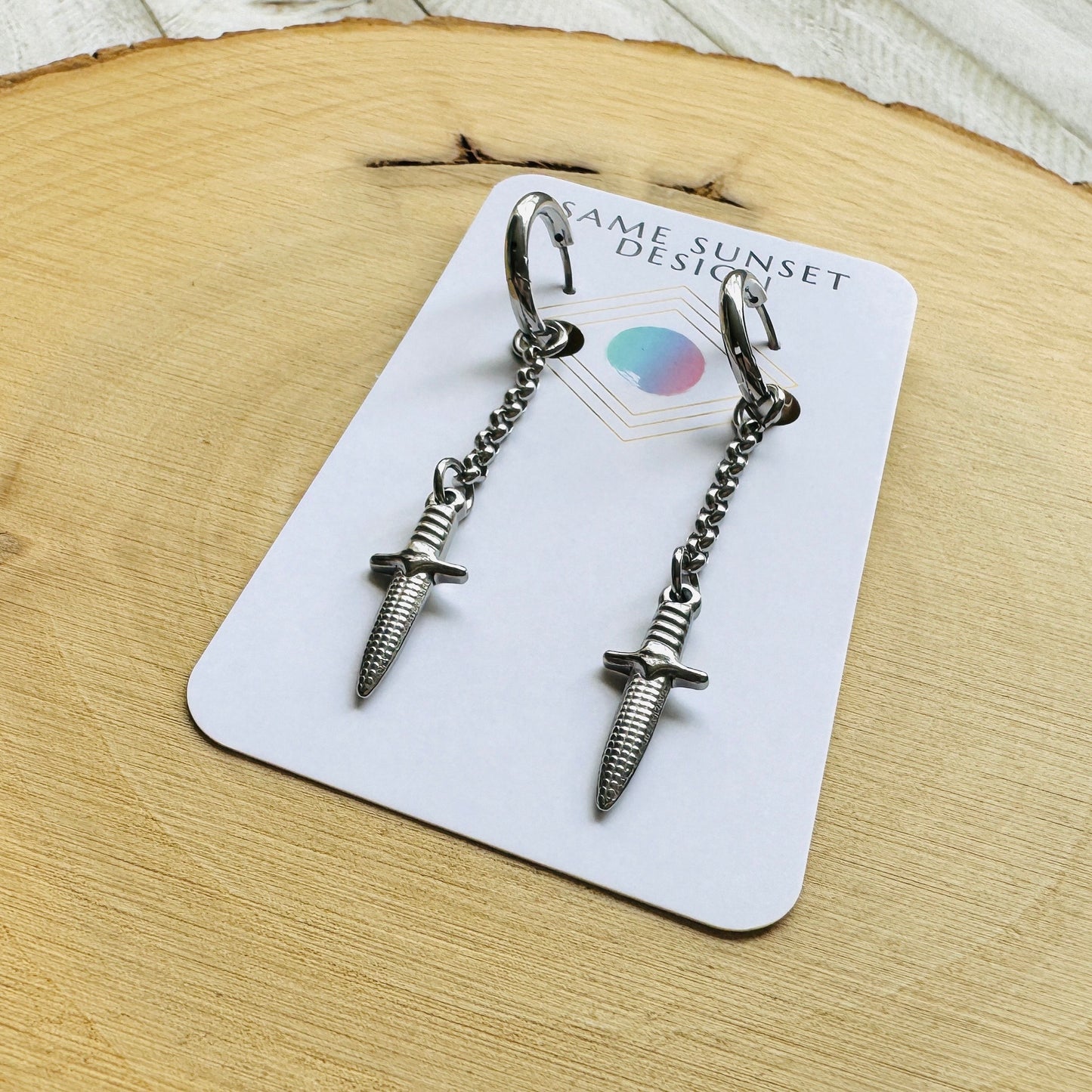Silver Dagger Huggie Hoop Earrings