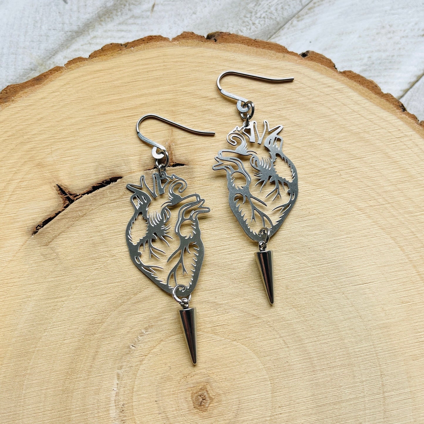 Silver Anatomical Heart Spike Earrings