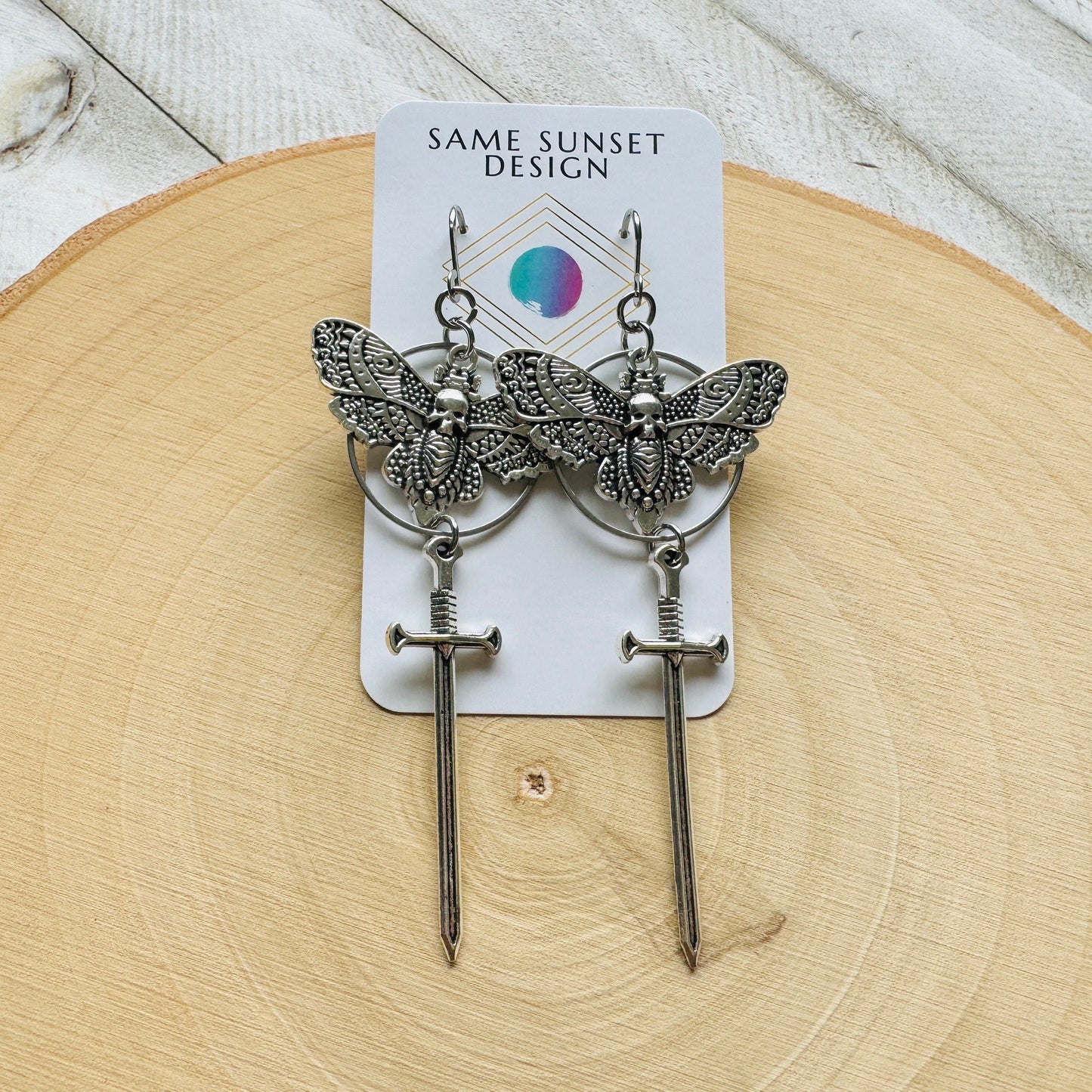 Silver Moth Sword Earrings