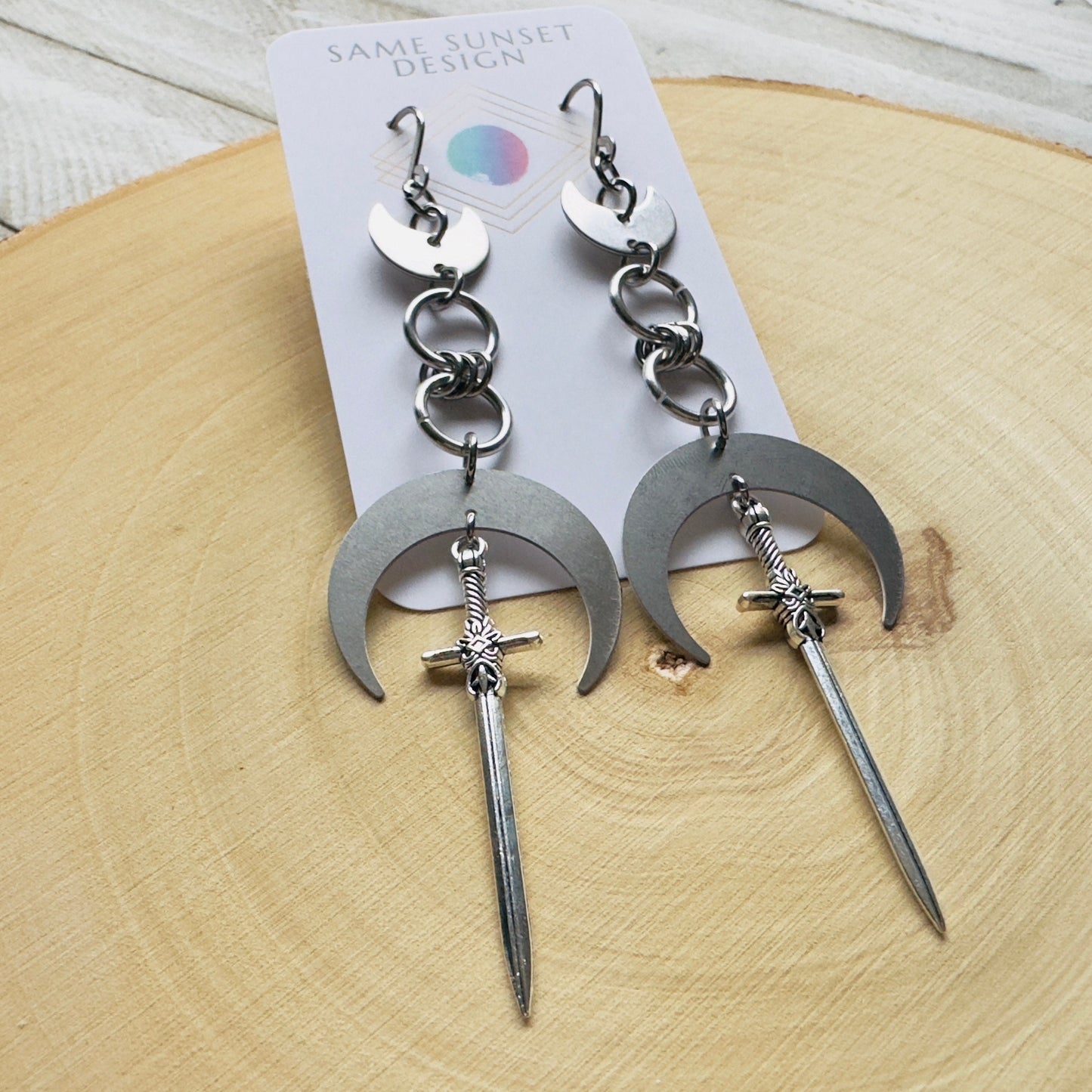 Silver Sword Moon Earrings