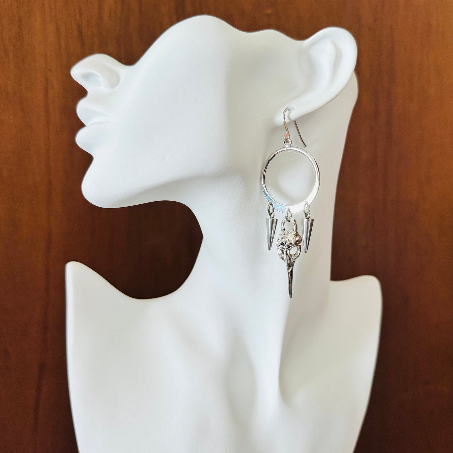Silver Hoop Bird Skull Earrings