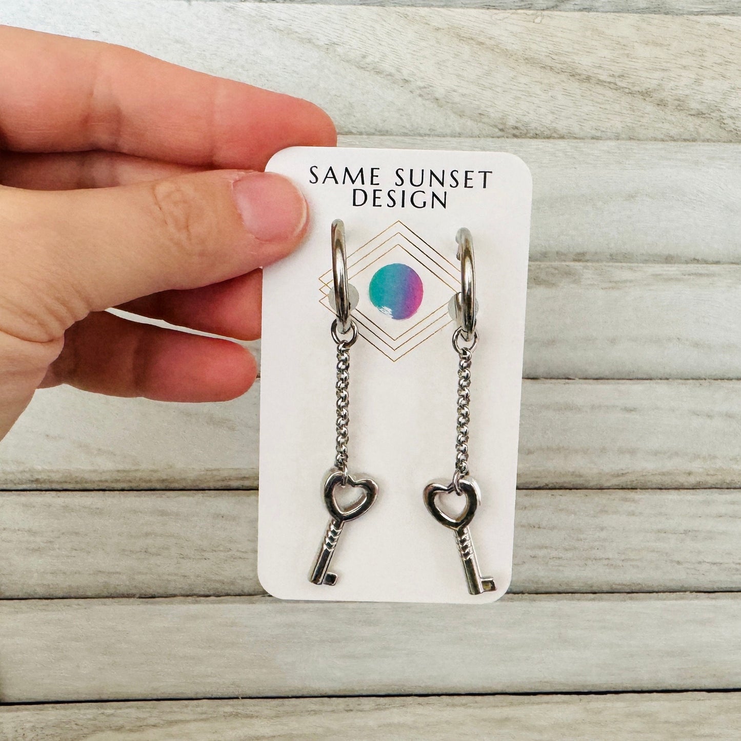 Silver Heart Key Huggie Hoop Earrings