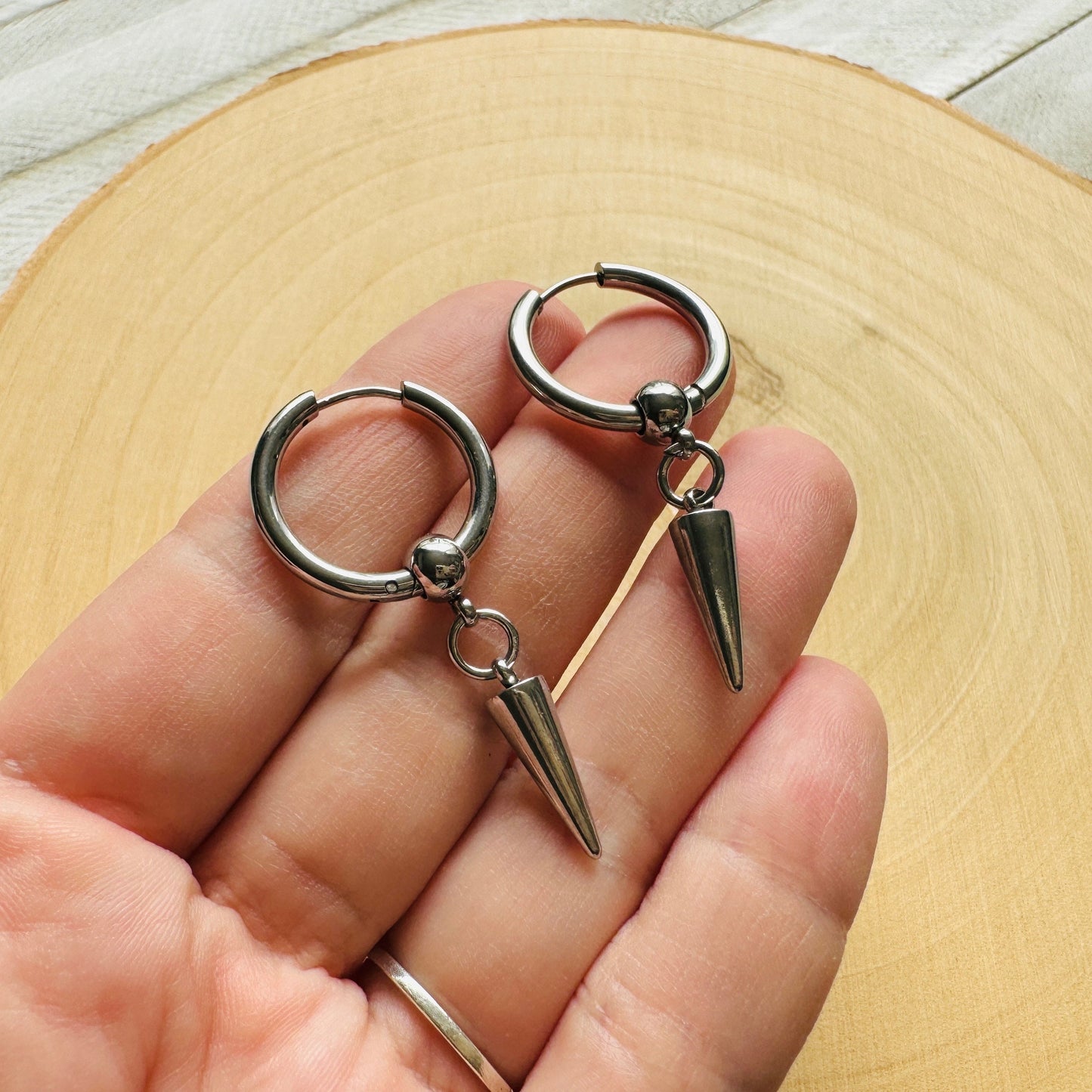 Silver Huggie Hoop Spike Earrings