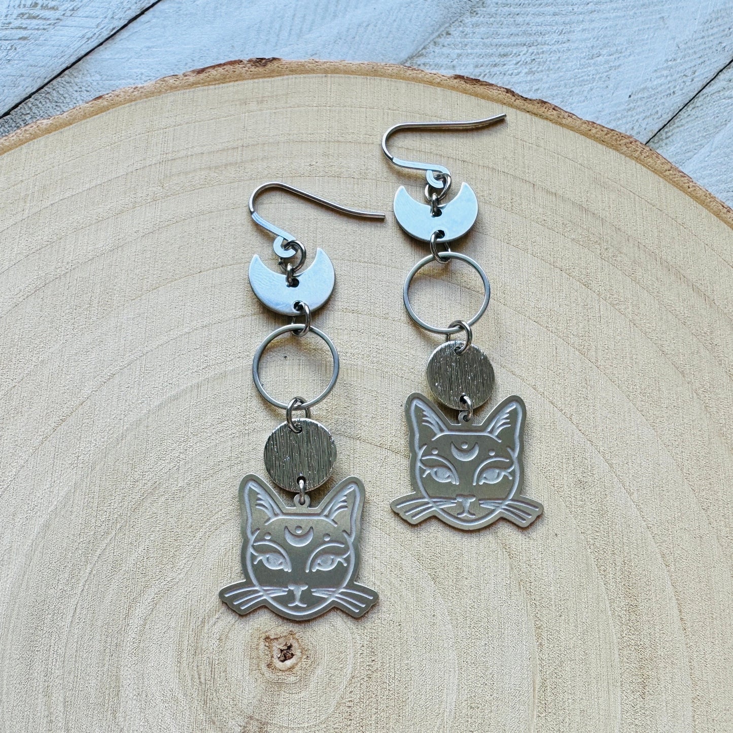 Silver Cat Moon Earrings
