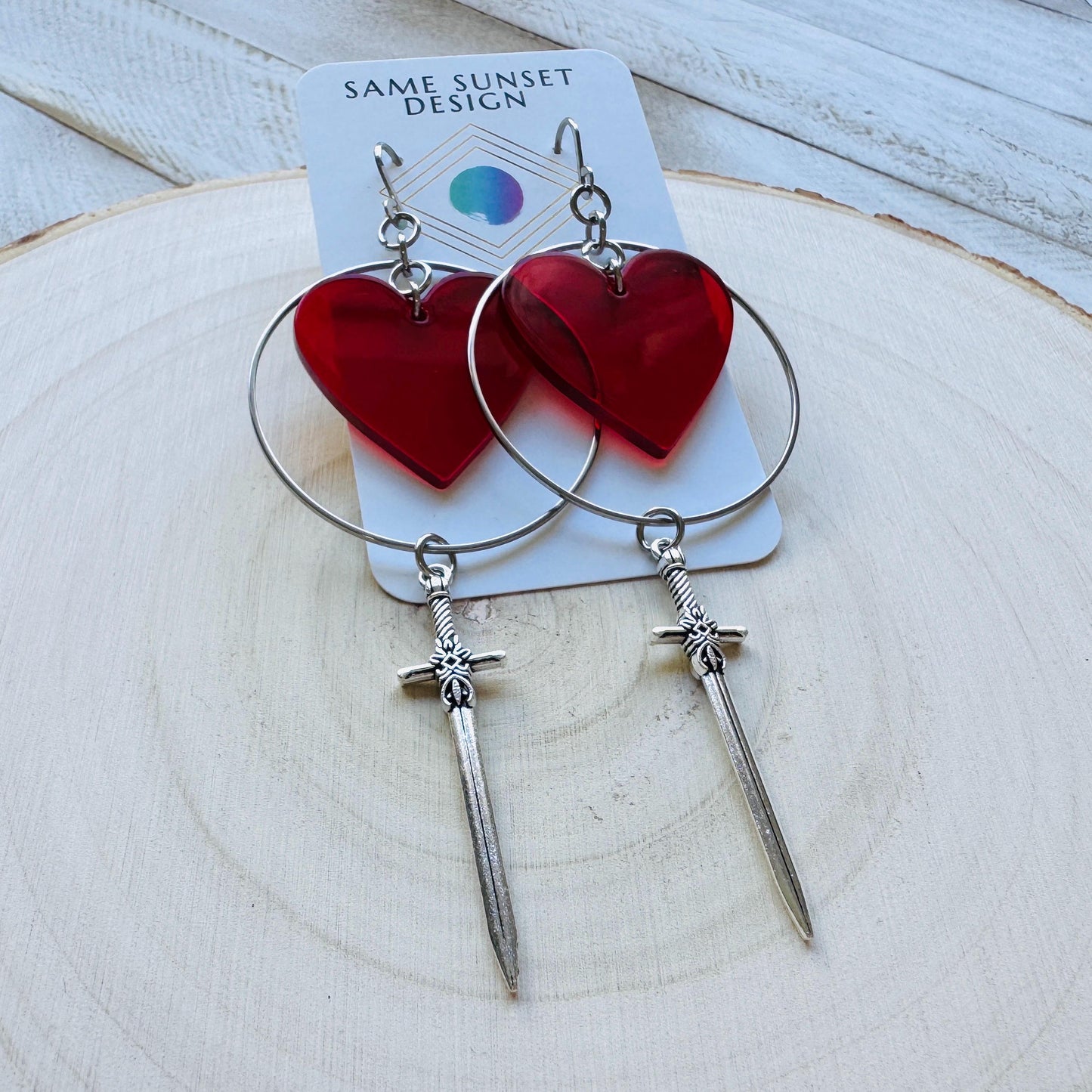 Red Heart Sword Earrings