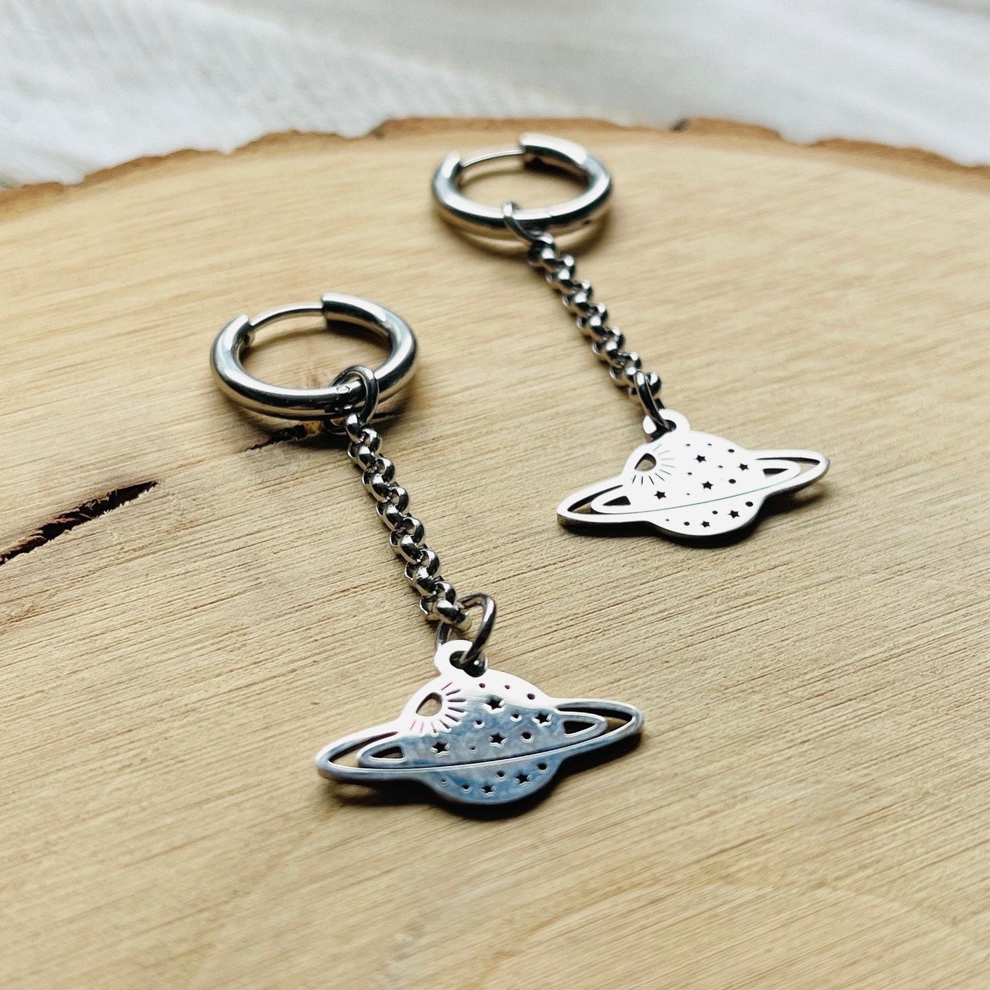 Stainless Steel Saturn Planet Huggie Hoop Earrings