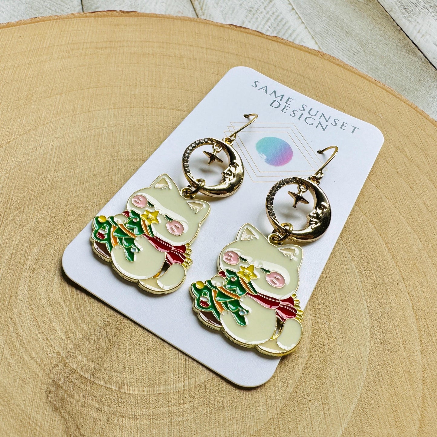Christmas Cat Moon Earrings