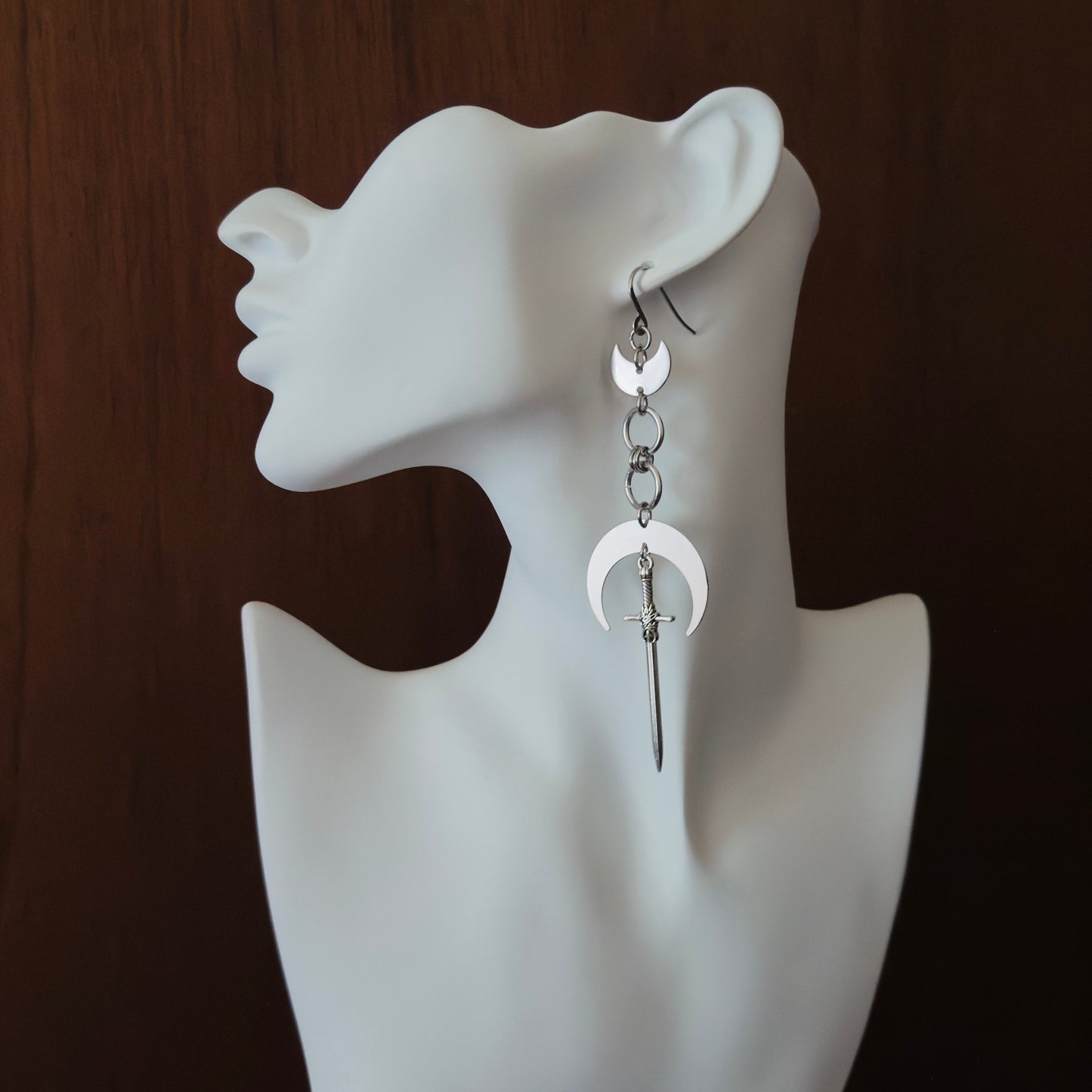 Silver Sword Moon Earrings