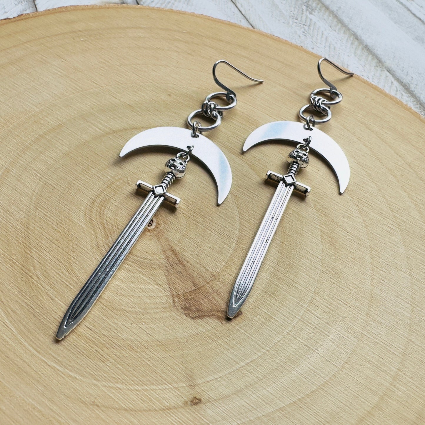 Silver Sword Moon Earrings