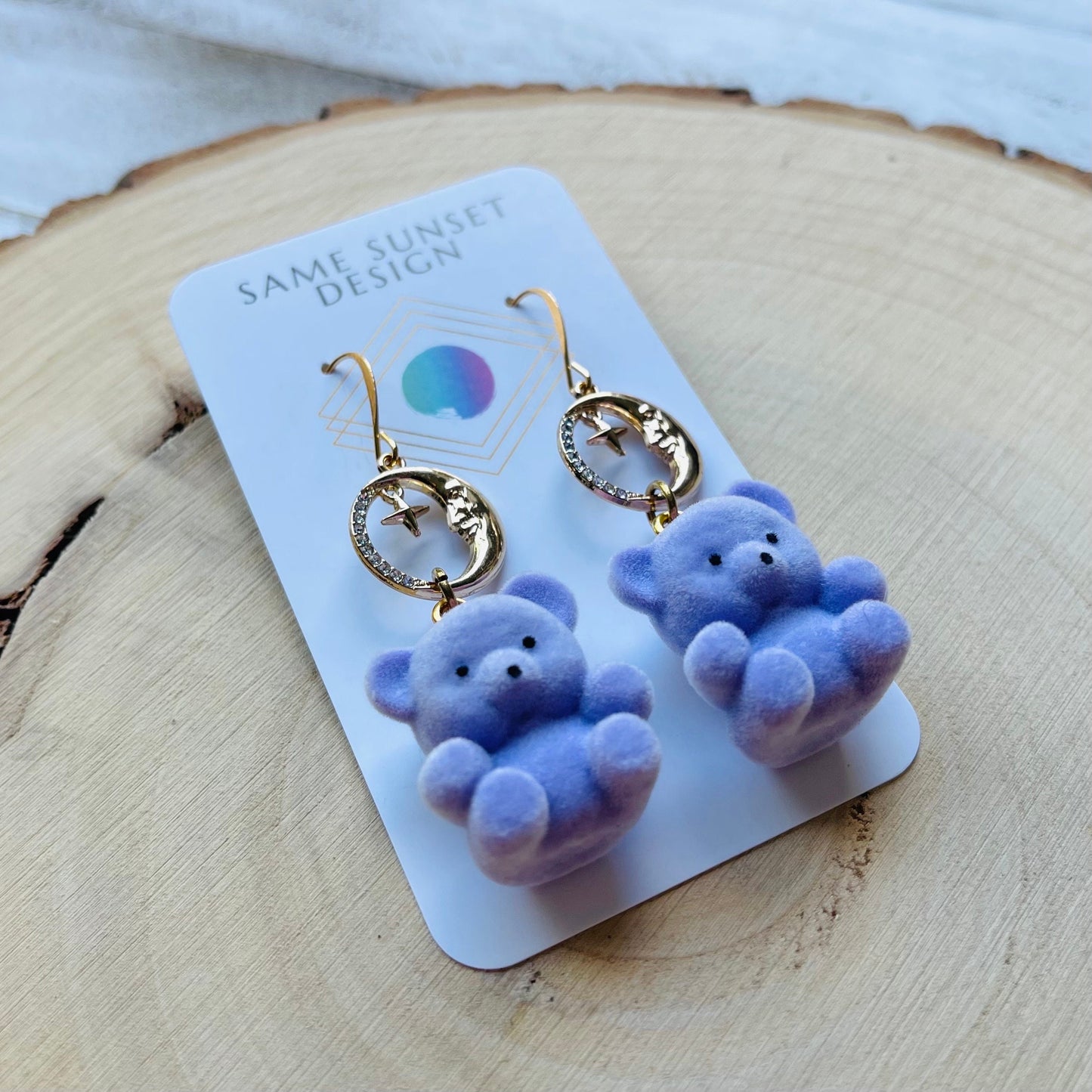 Purple Teddy Bear Moon Earrings