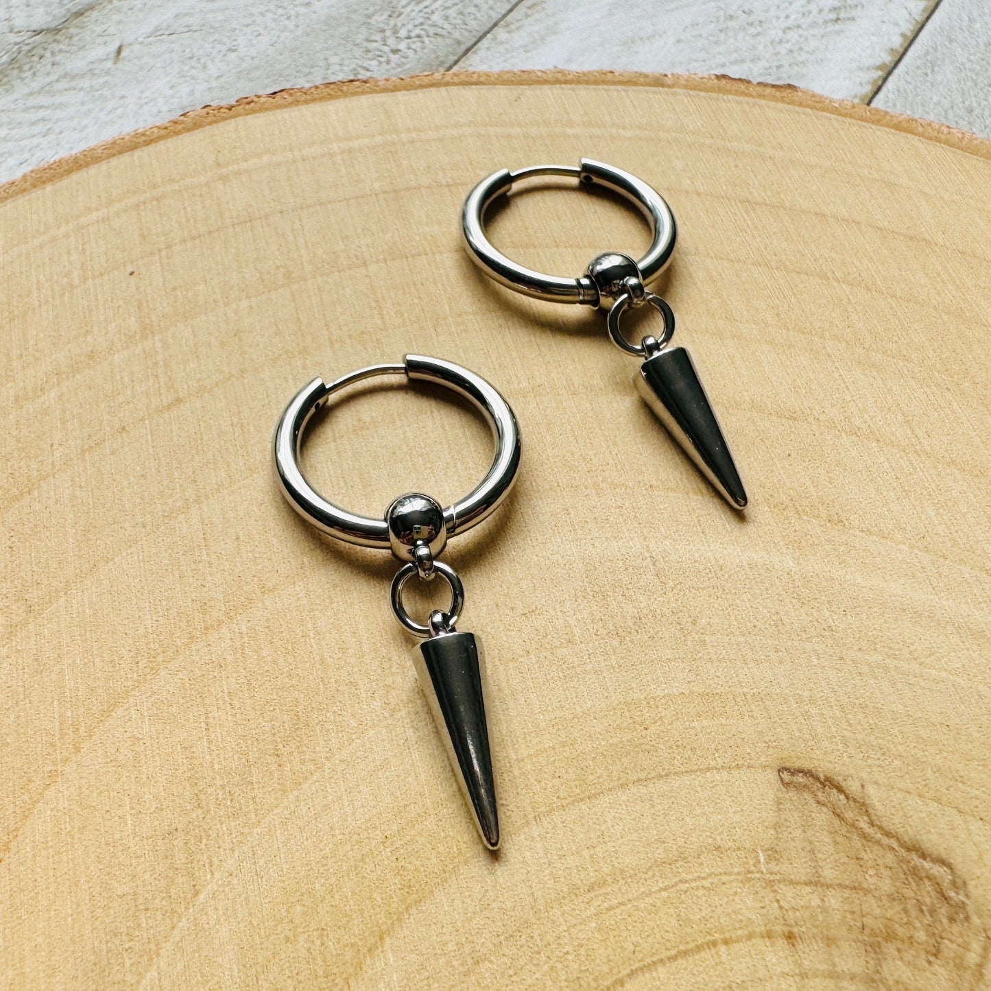 Silver Huggie Hoop Spike Earrings