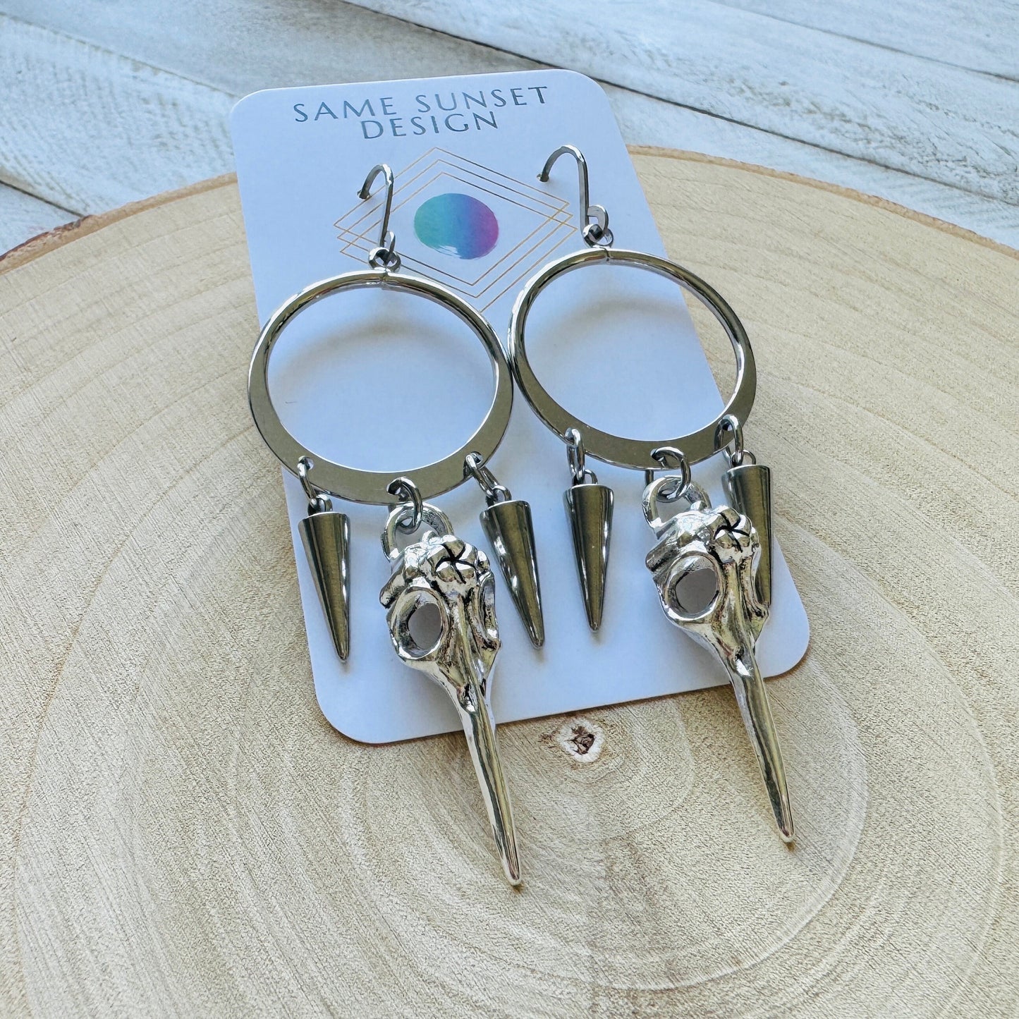 Silver Hoop Bird Skull Earrings