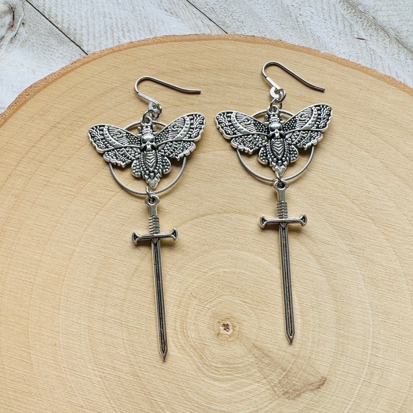 Silver Moth Sword Earrings