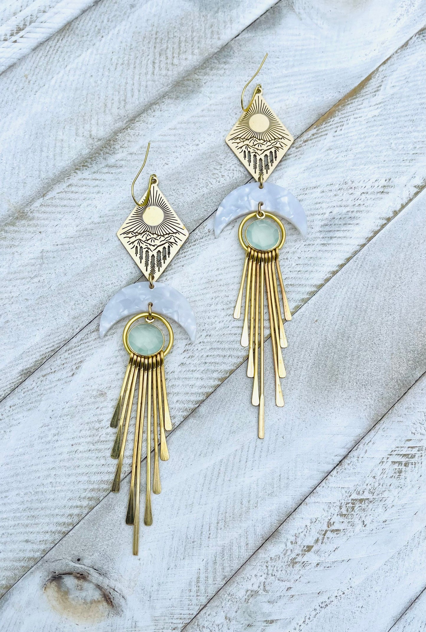 Aqua Chalcedony Moon Mountain Fringe Earrings
