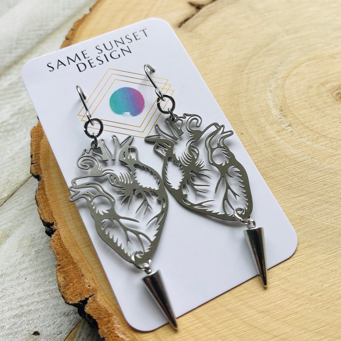 Silver Anatomical Heart Spike Earrings