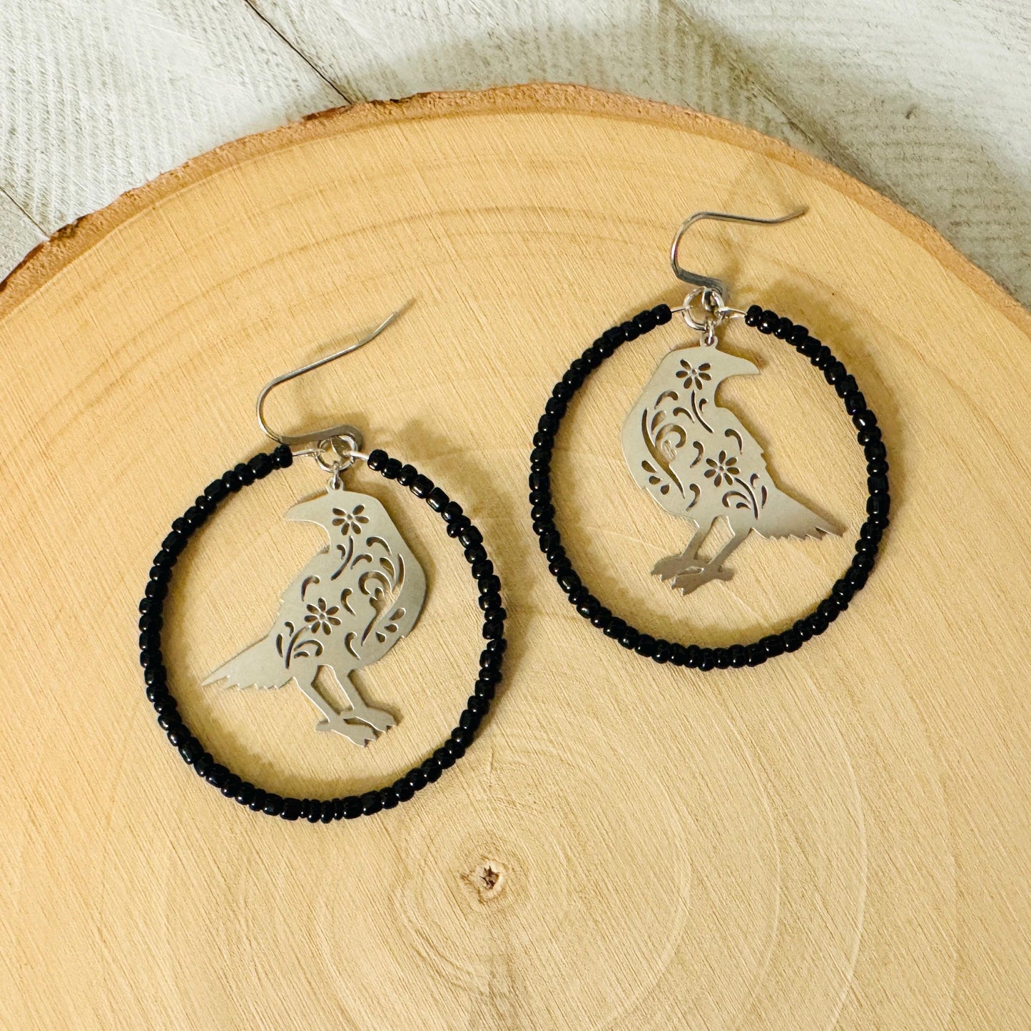 Raven Seed Bead Hoop Earrings