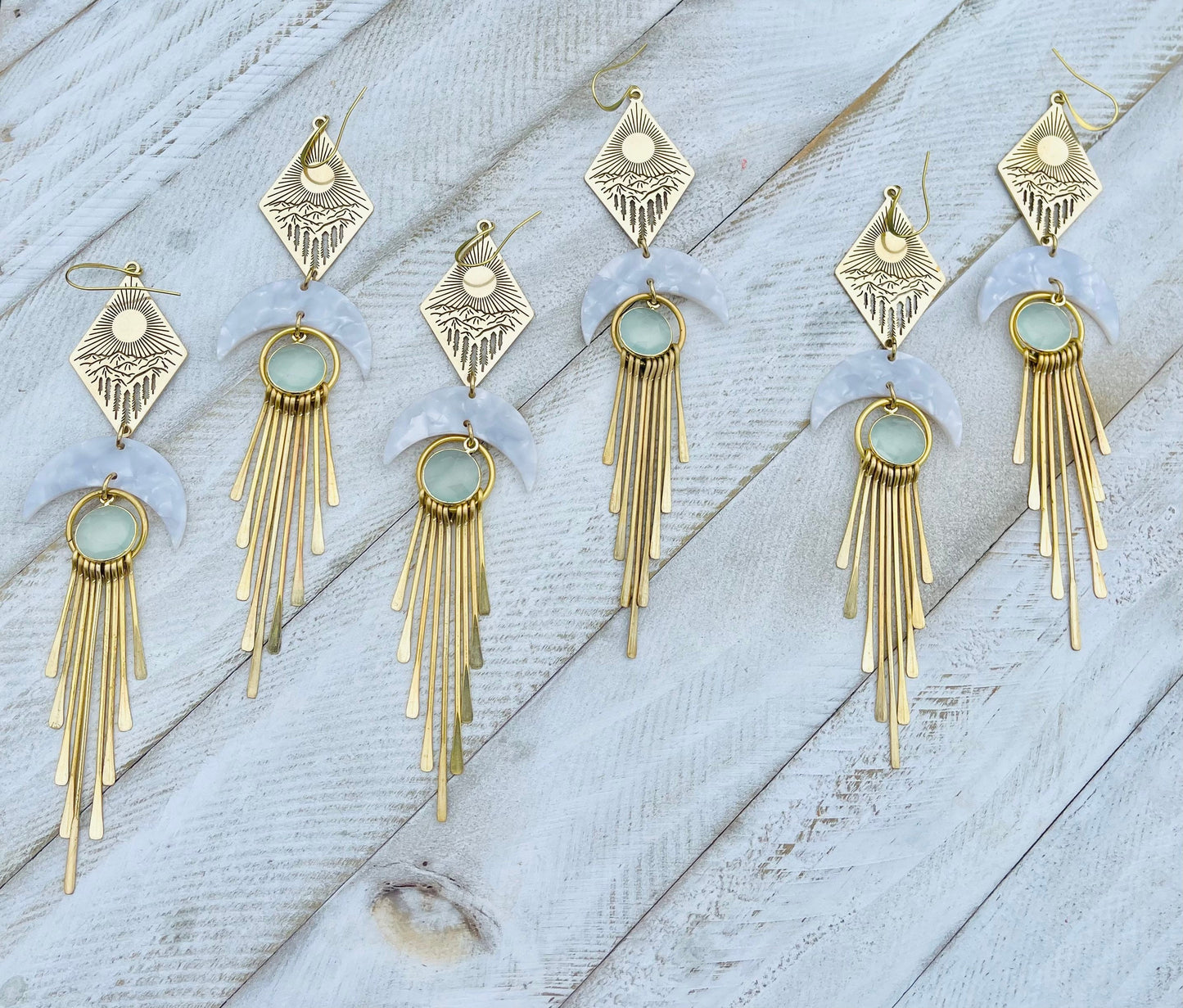 Aqua Chalcedony Moon Mountain Fringe Earrings