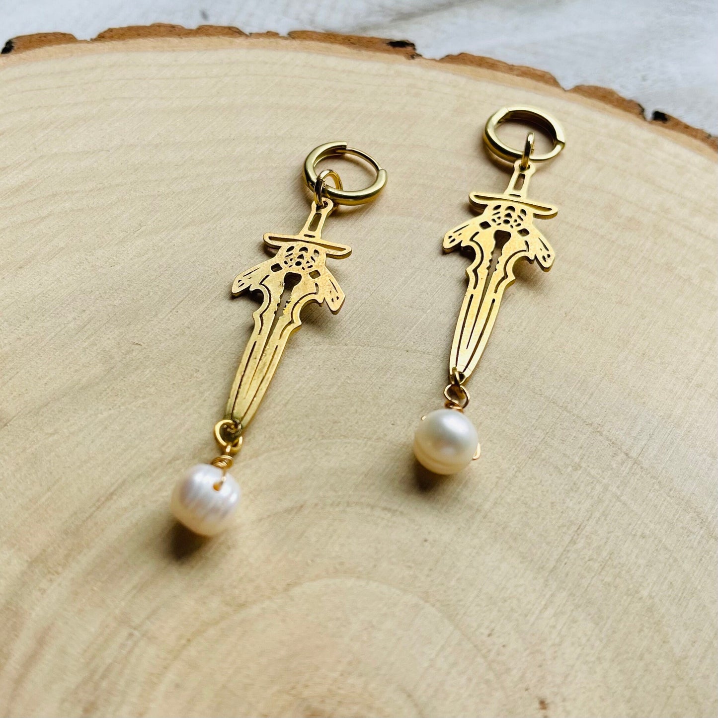 Pearl Sword Huggie Hoop Earrings