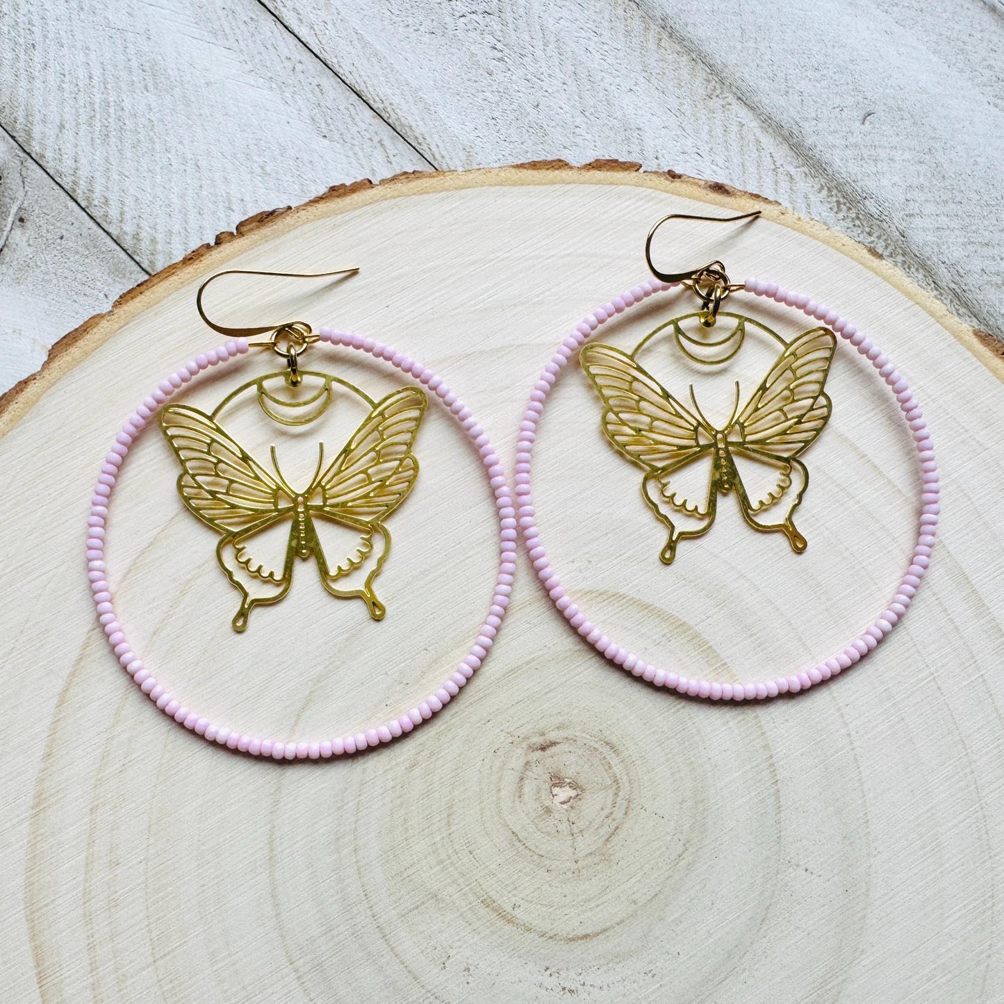Seed Bead Butterfly Hoop Earrings