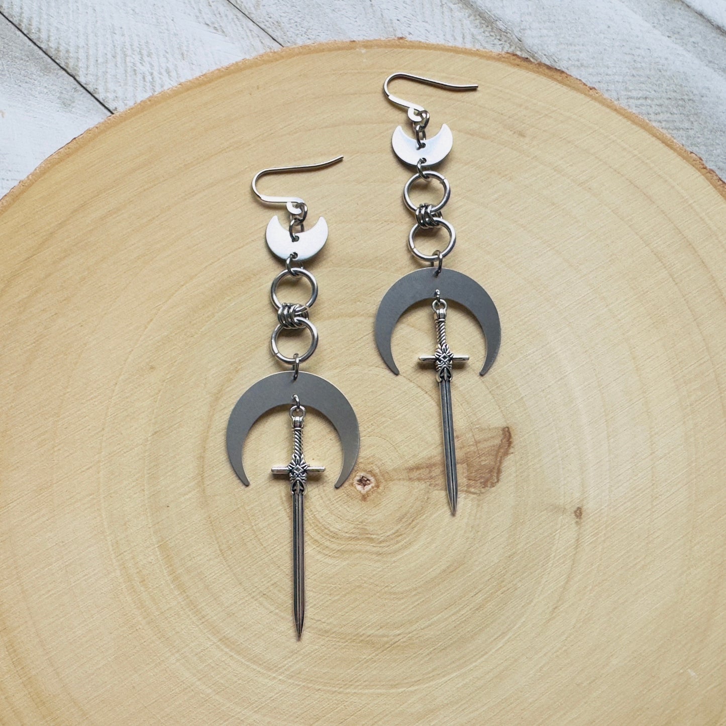 Silver Sword Moon Earrings