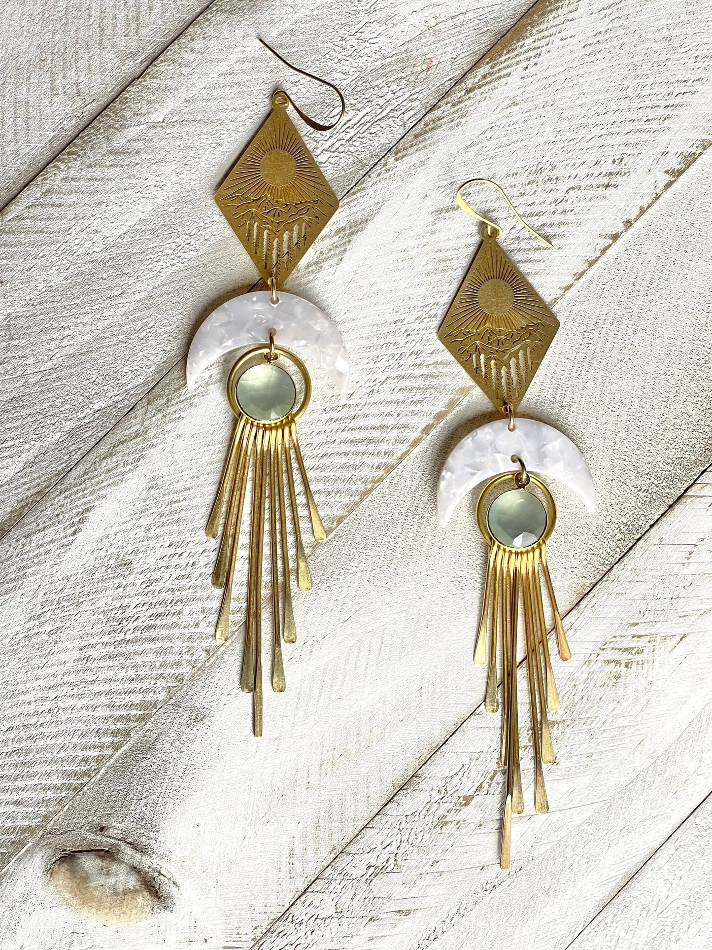 Aqua Chalcedony Moon Mountain Fringe Earrings