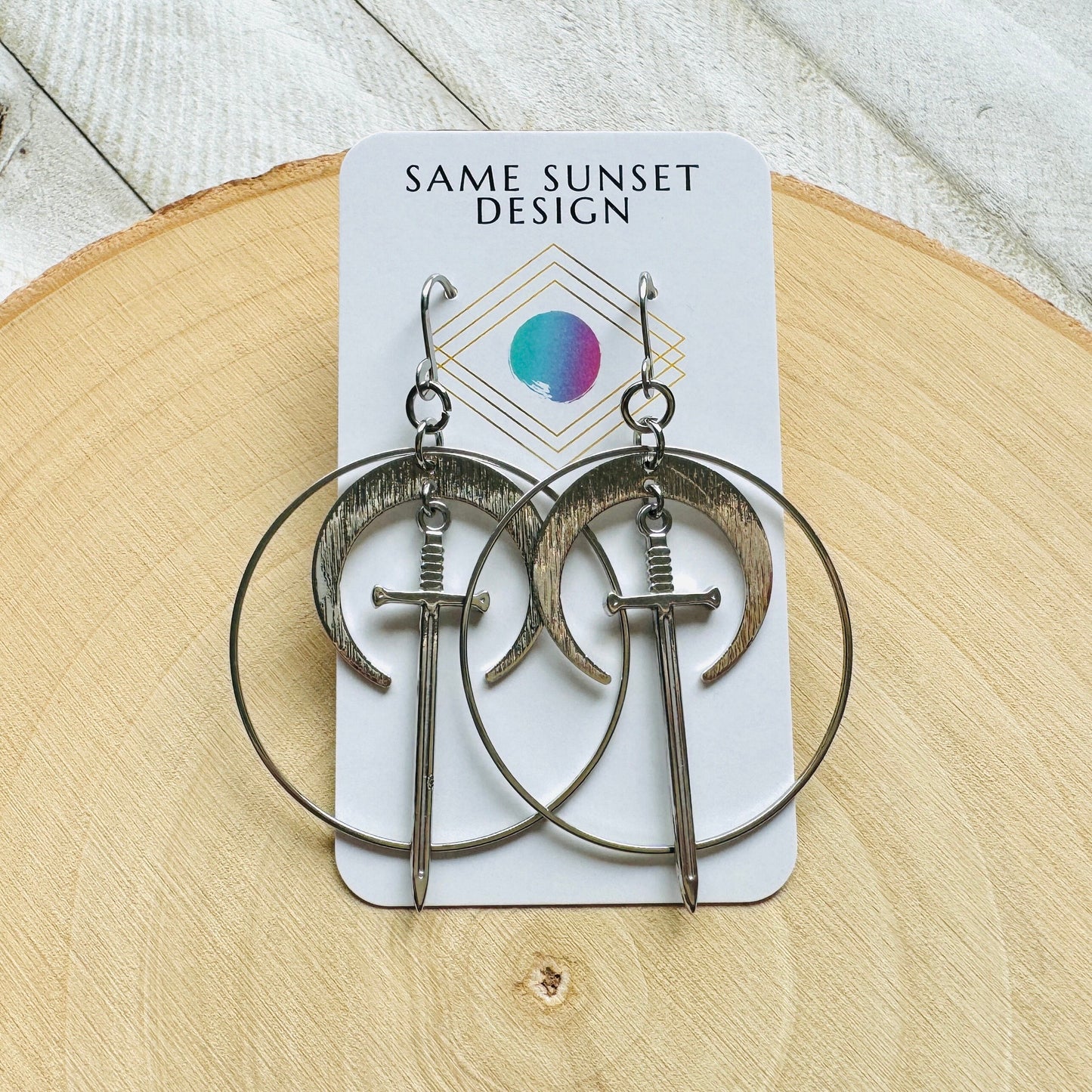 Stainless Steel Sword Moon Hoop Earrings