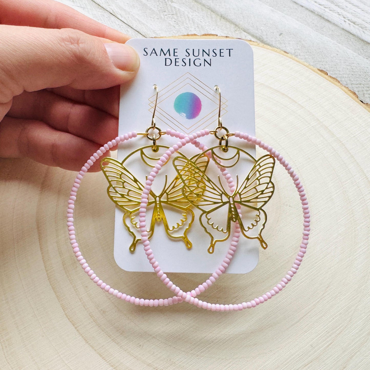 Seed Bead Butterfly Hoop Earrings