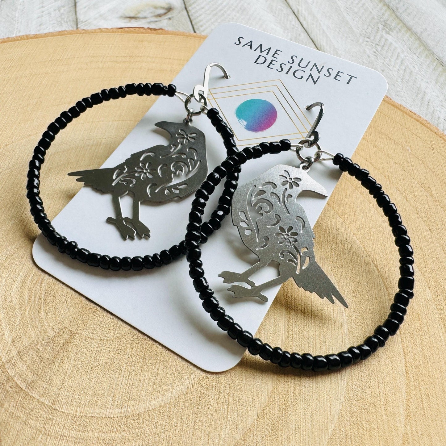 Raven Seed Bead Hoop Earrings