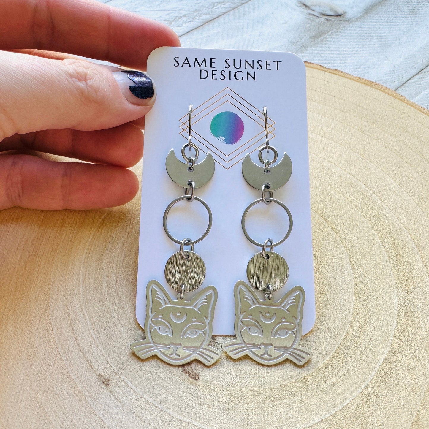 Silver Cat Moon Earrings