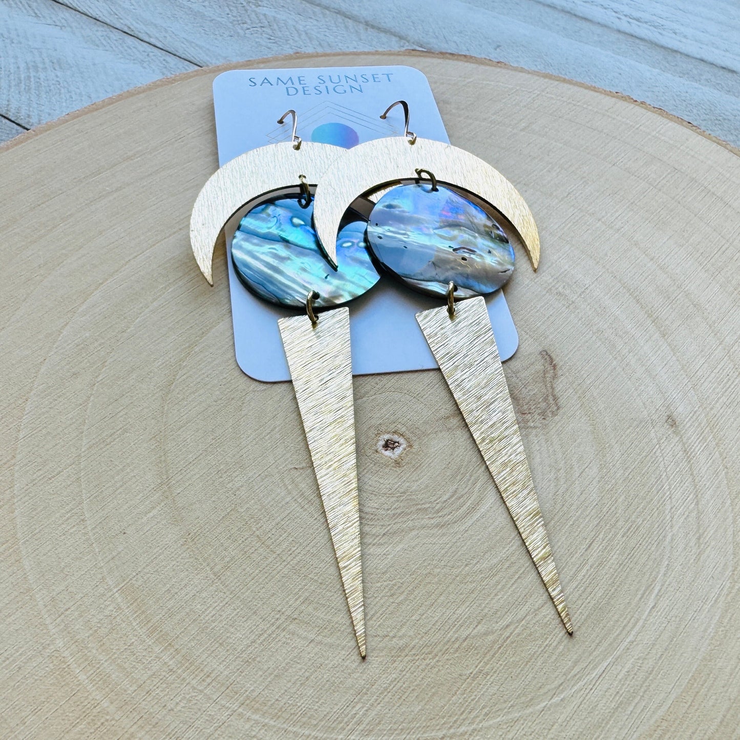 Abalone Brass Moon Earrings