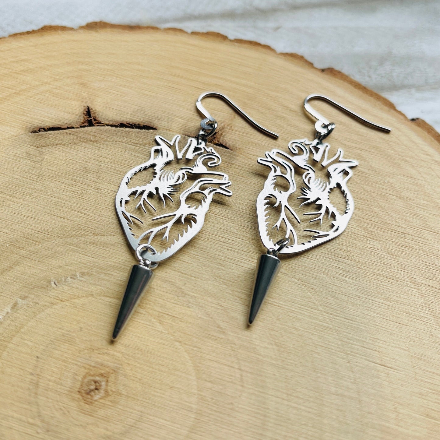 Silver Anatomical Heart Spike Earrings