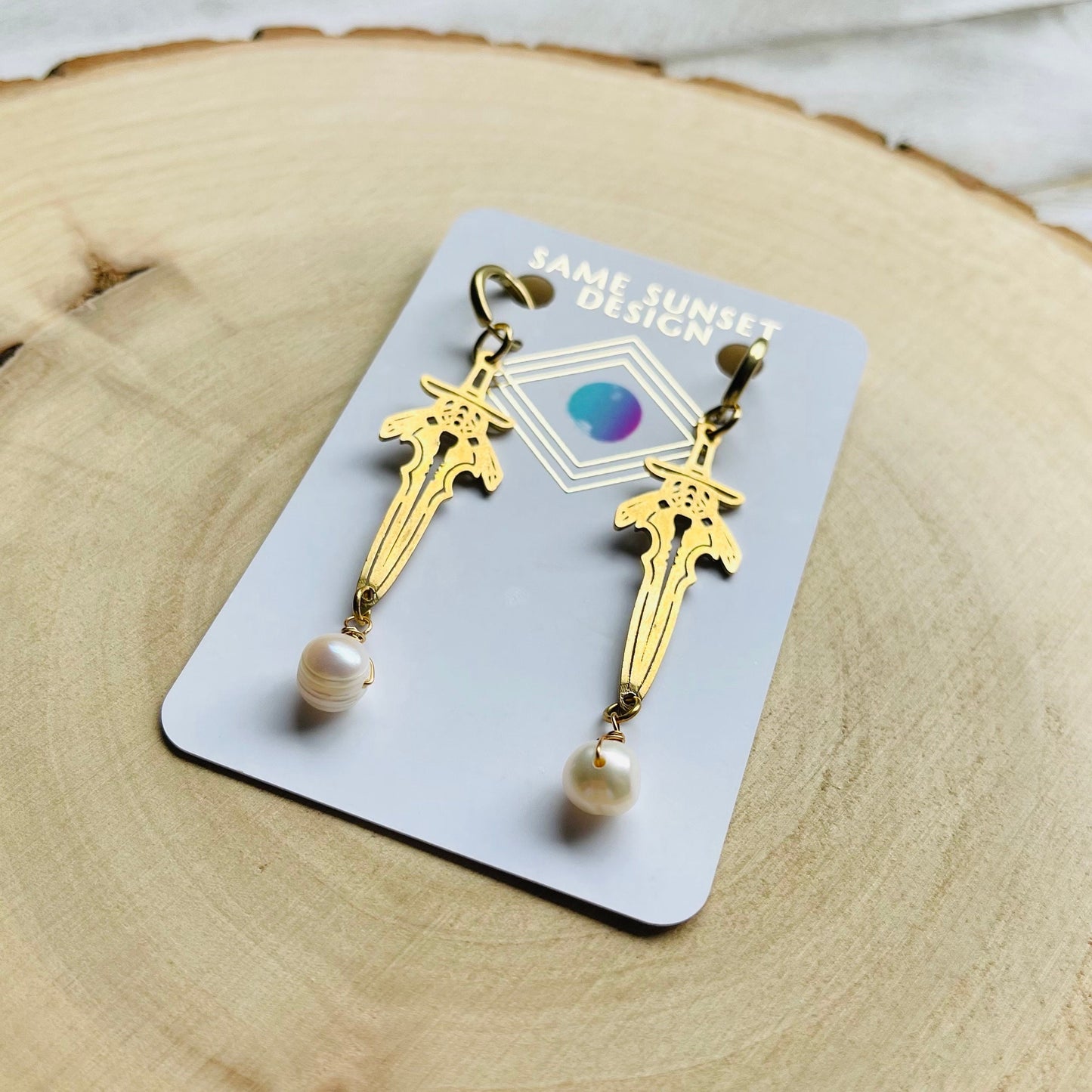Pearl Sword Huggie Hoop Earrings
