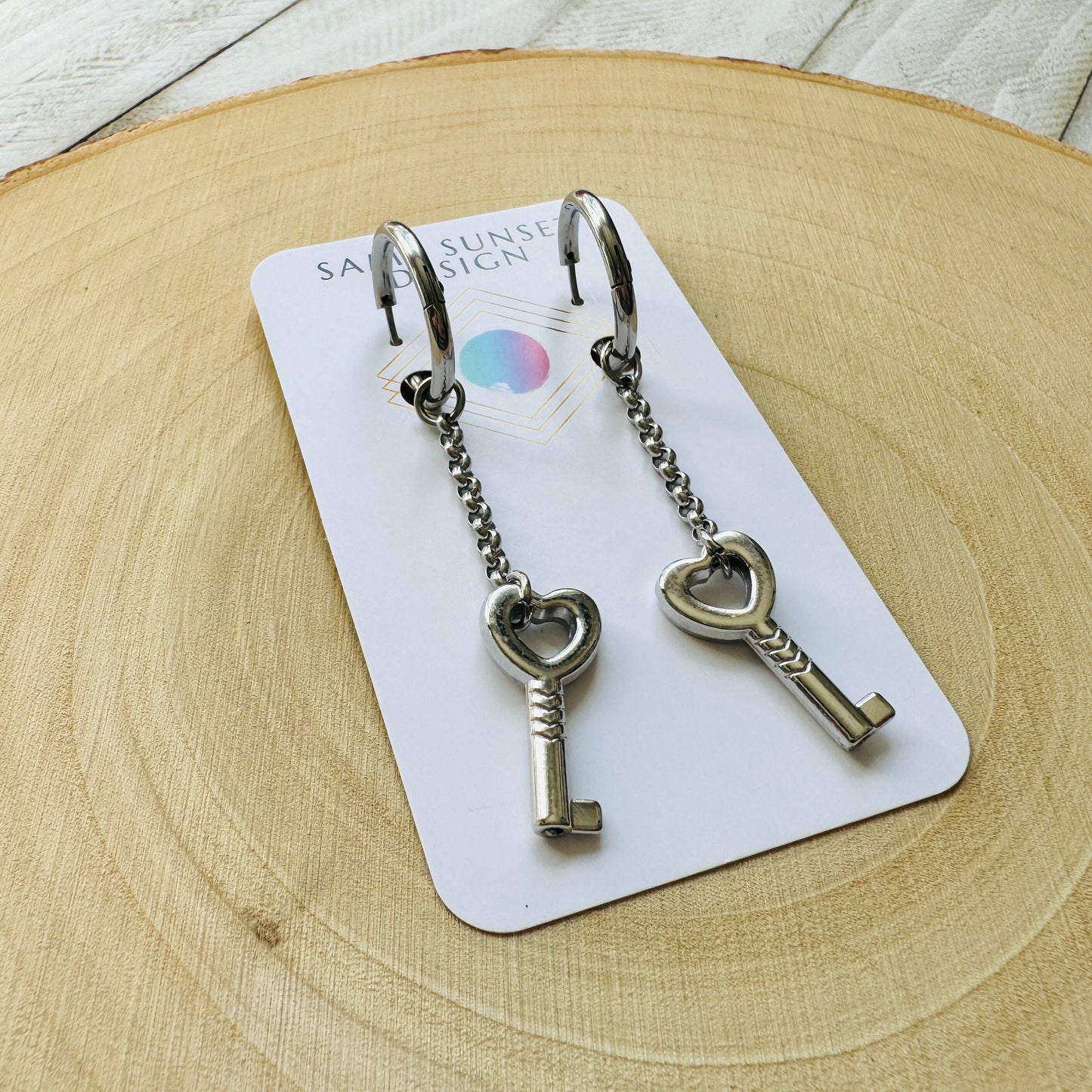 Silver Heart Key Huggie Hoop Earrings
