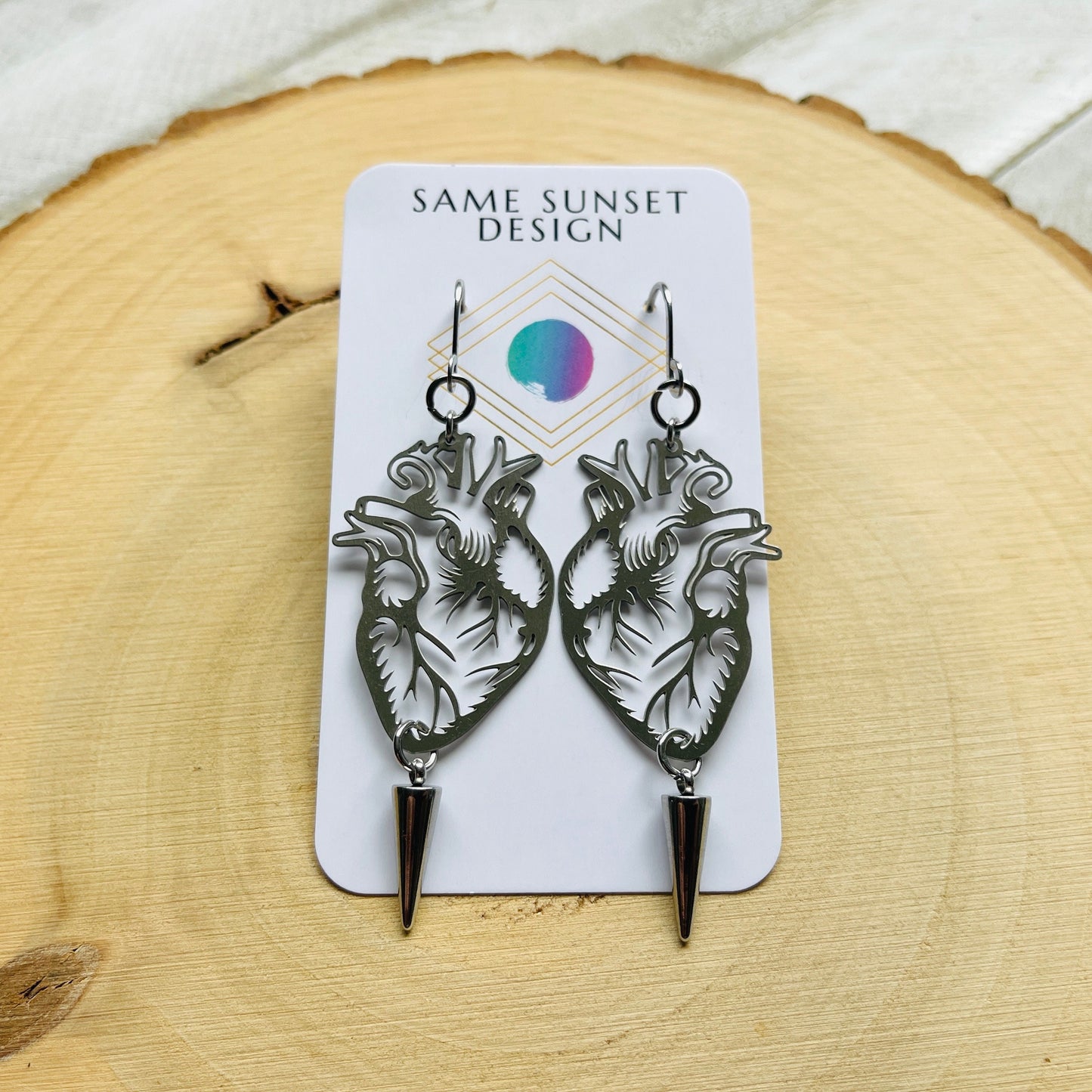 Silver Anatomical Heart Spike Earrings
