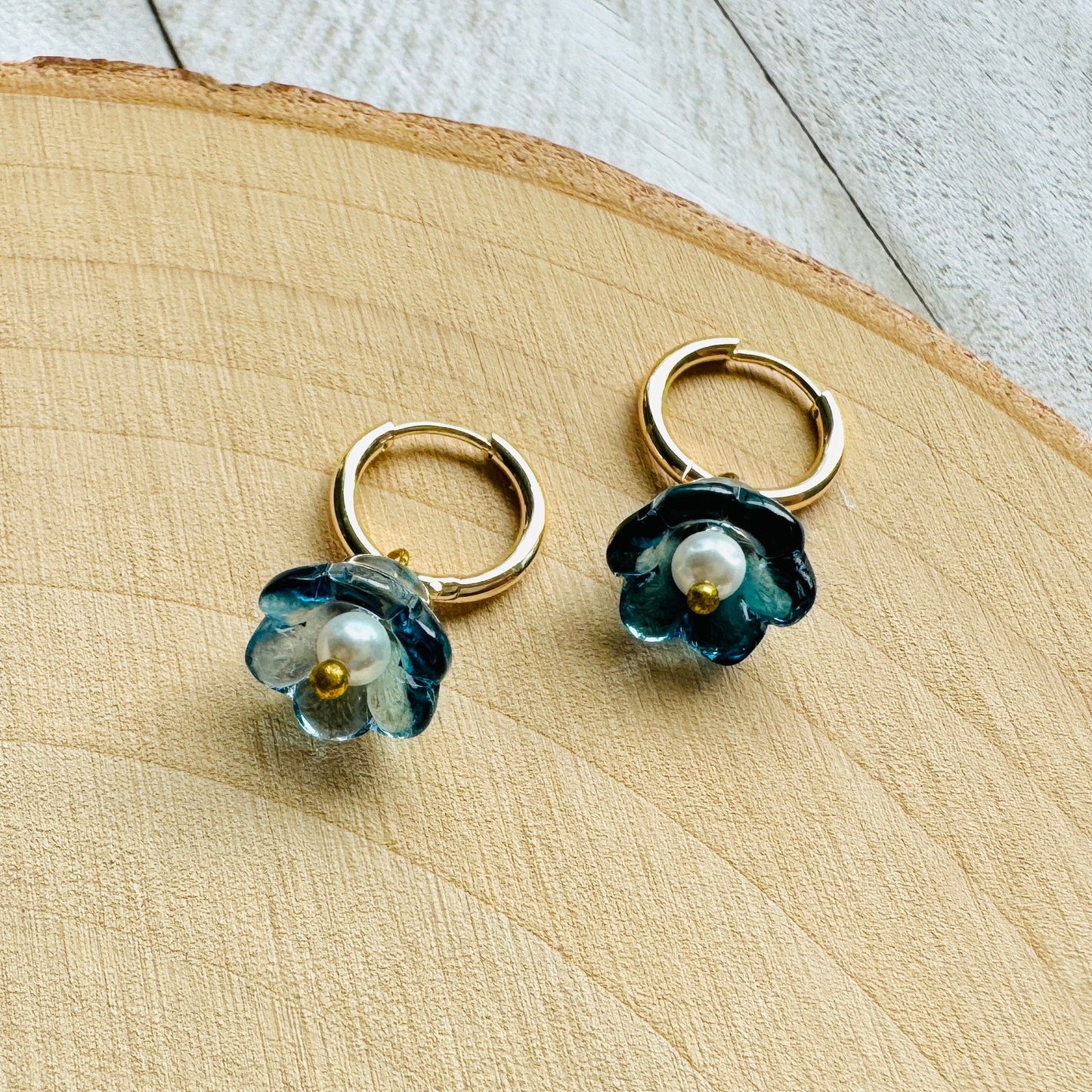 Flower Pearl Huggie Hoop Earrings