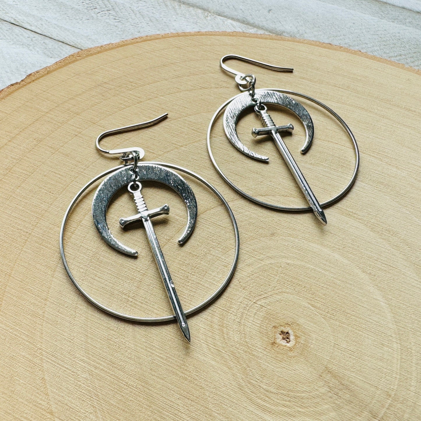 Stainless Steel Sword Moon Hoop Earrings