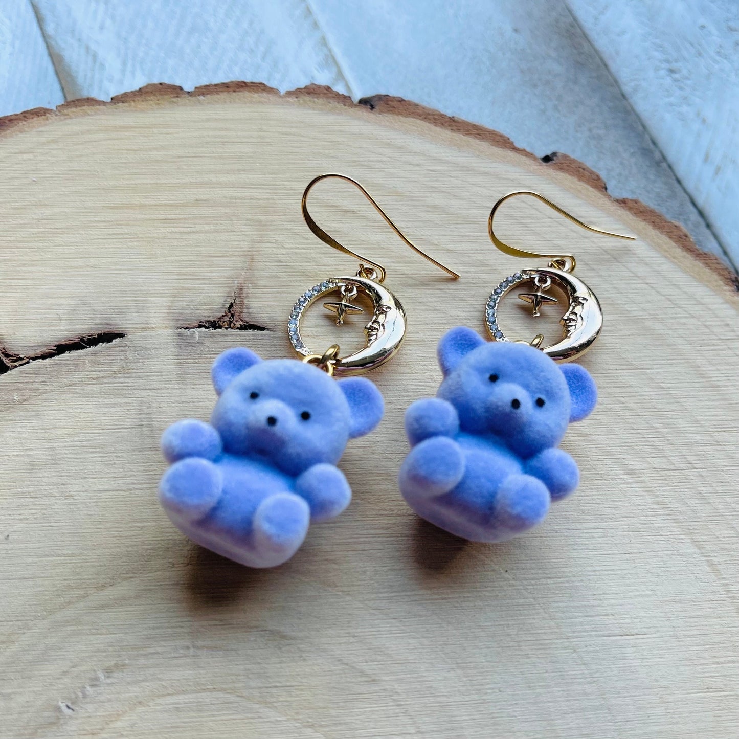 Purple Teddy Bear Moon Earrings