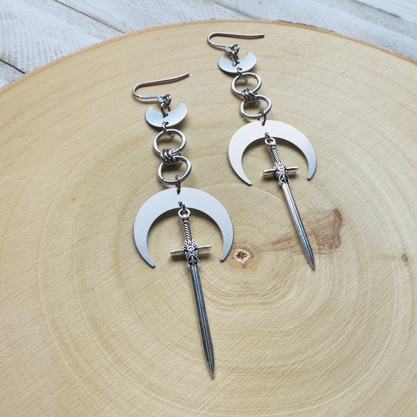 Silver Sword Moon Earrings