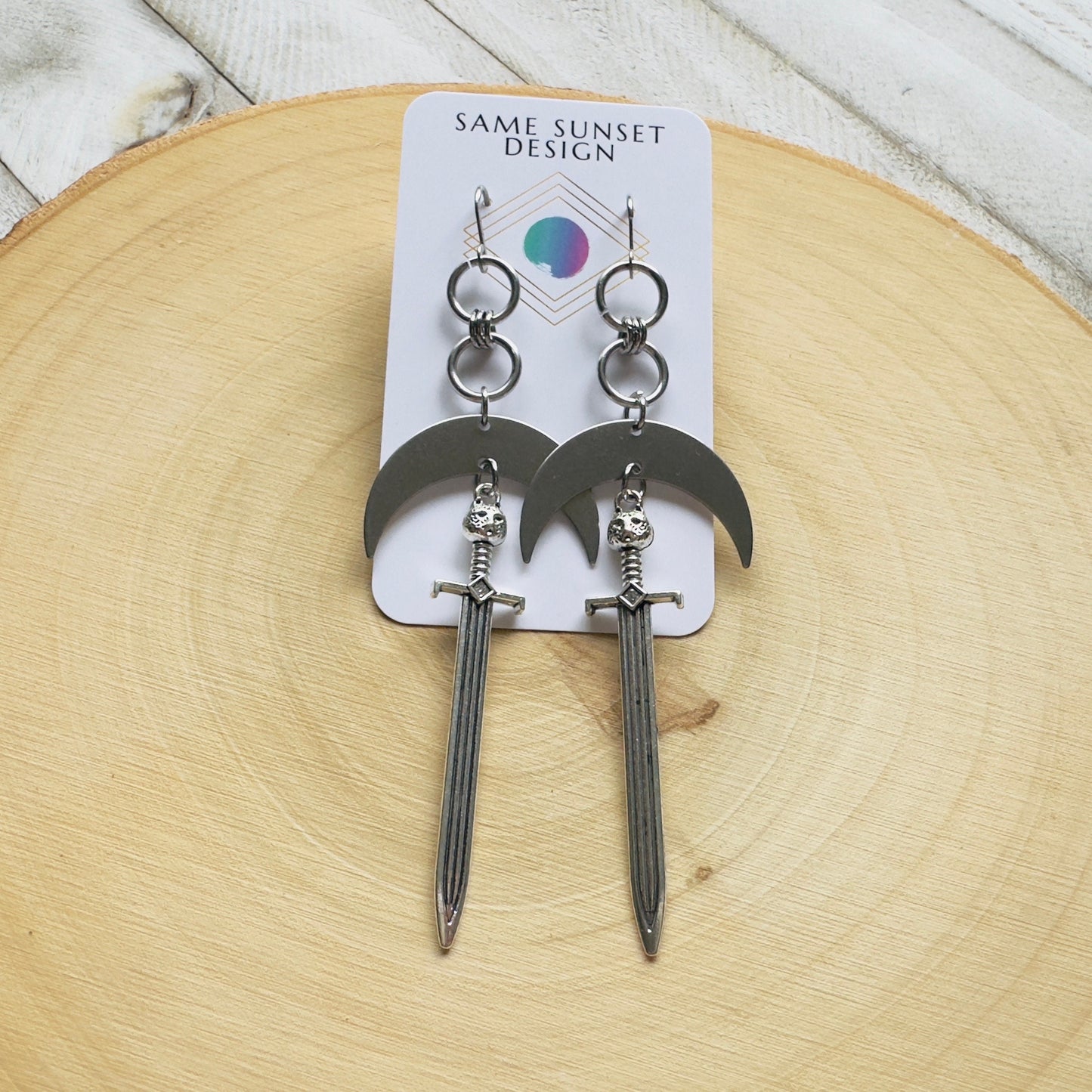 Silver Sword Moon Earrings