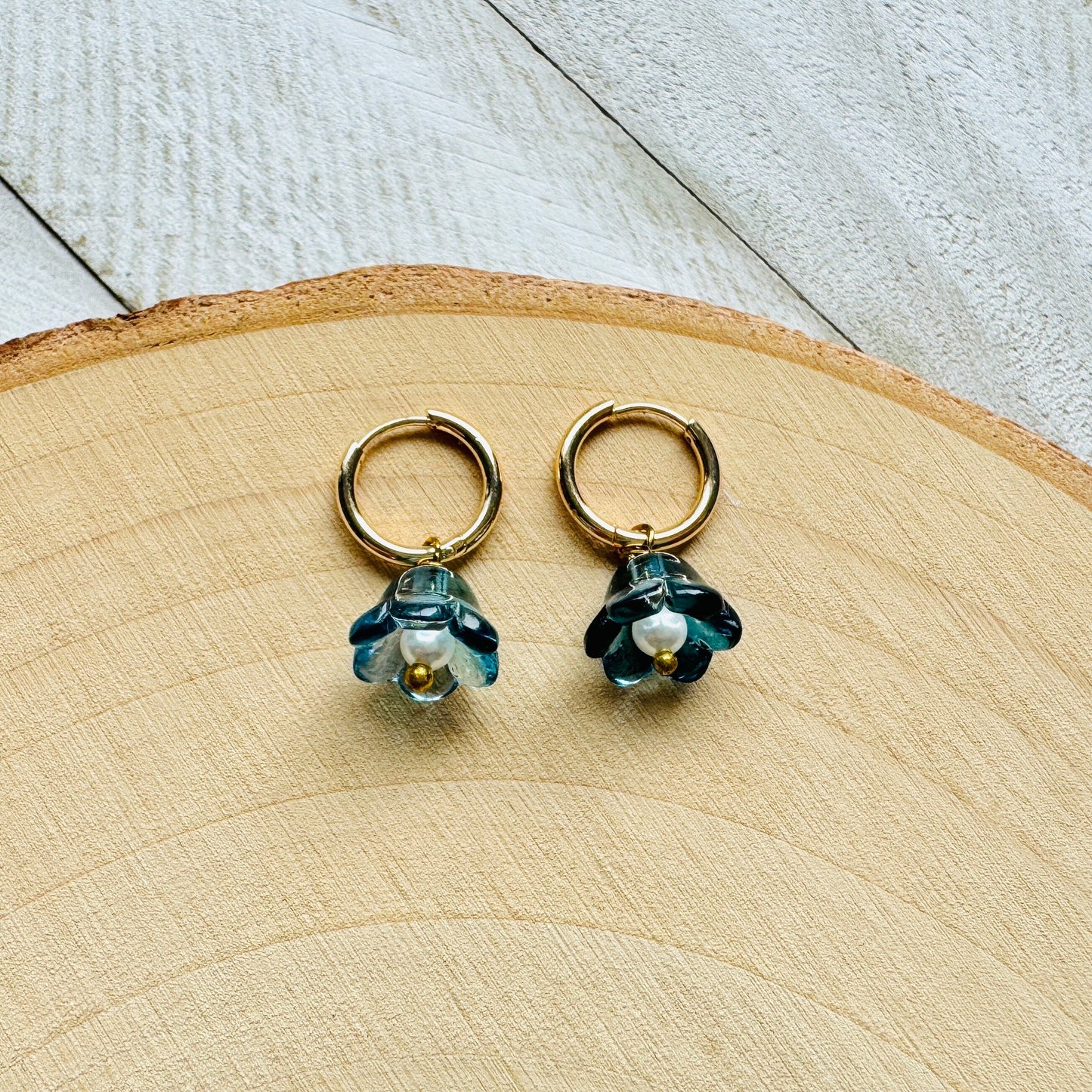 Flower Pearl Huggie Hoop Earrings