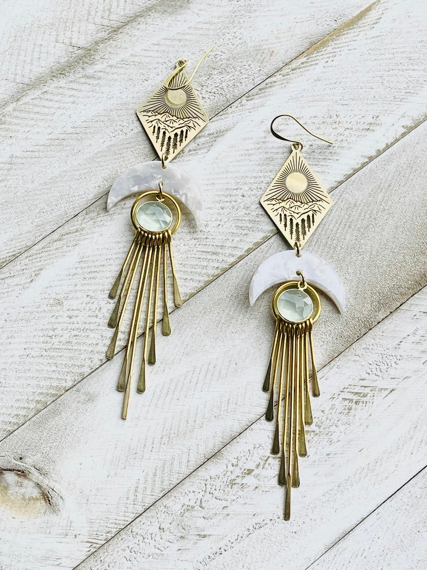 Aqua Chalcedony Moon Mountain Fringe Earrings