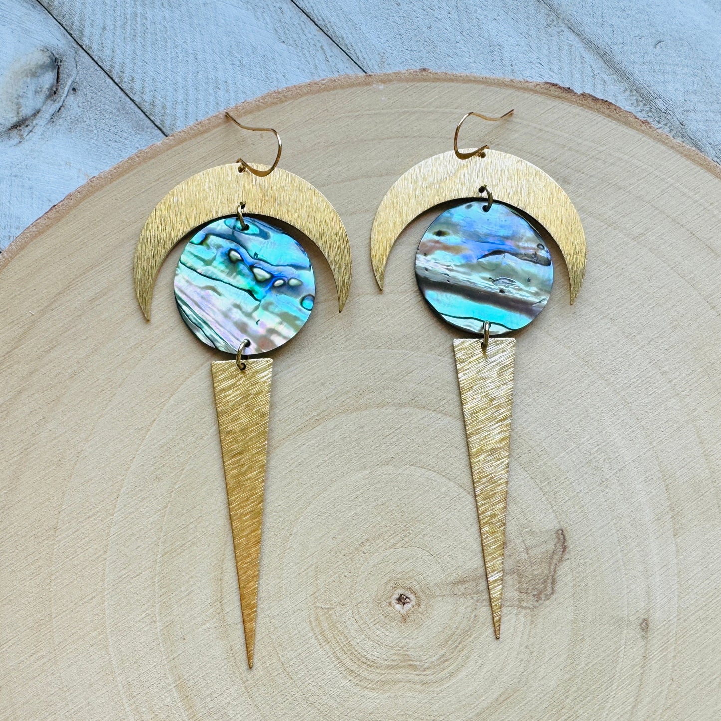 Abalone Brass Moon Earrings
