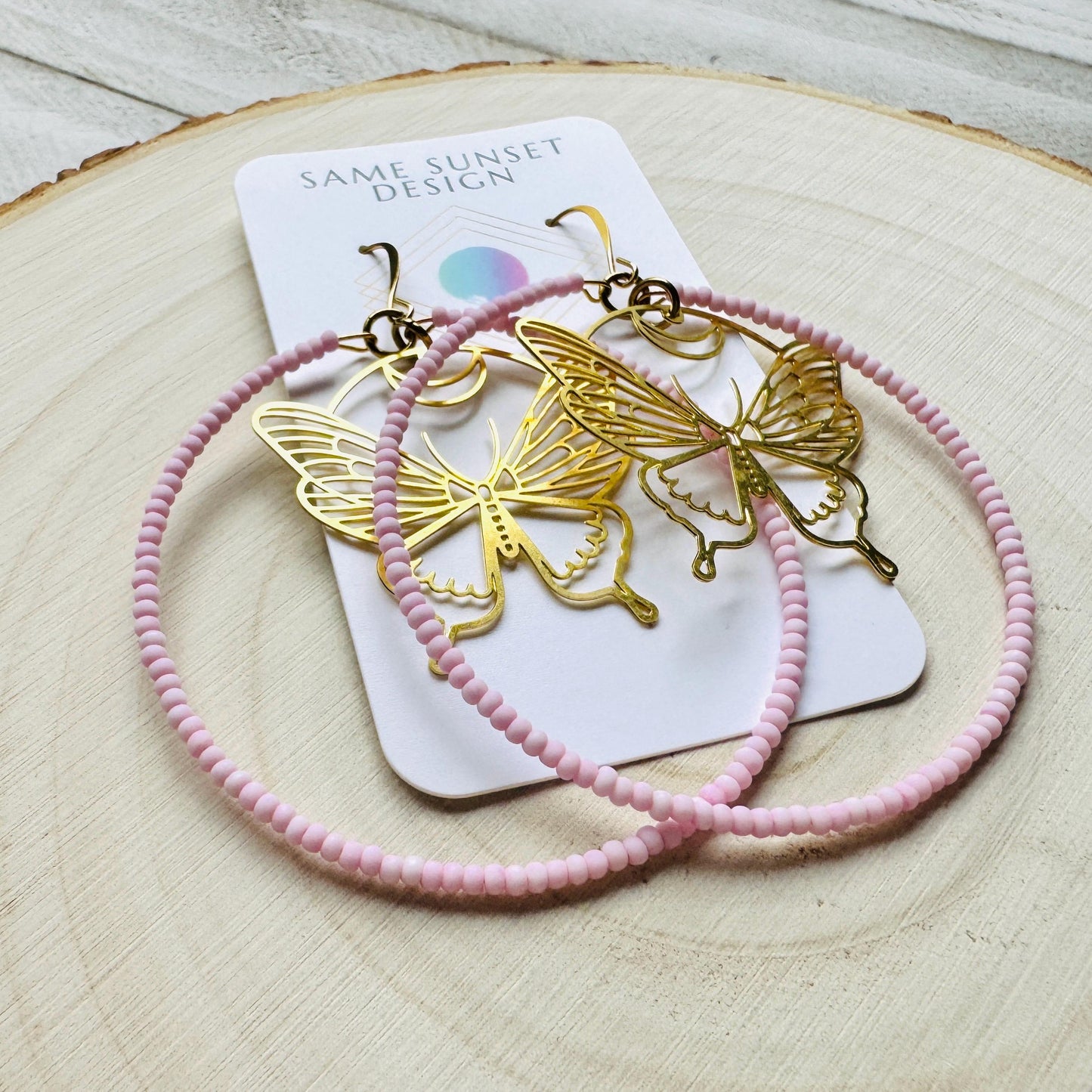 Seed Bead Butterfly Hoop Earrings