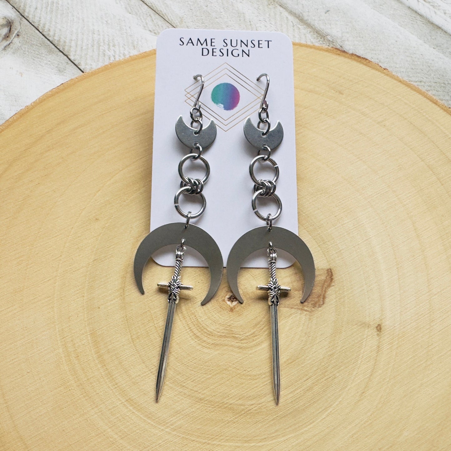 Silver Sword Moon Earrings