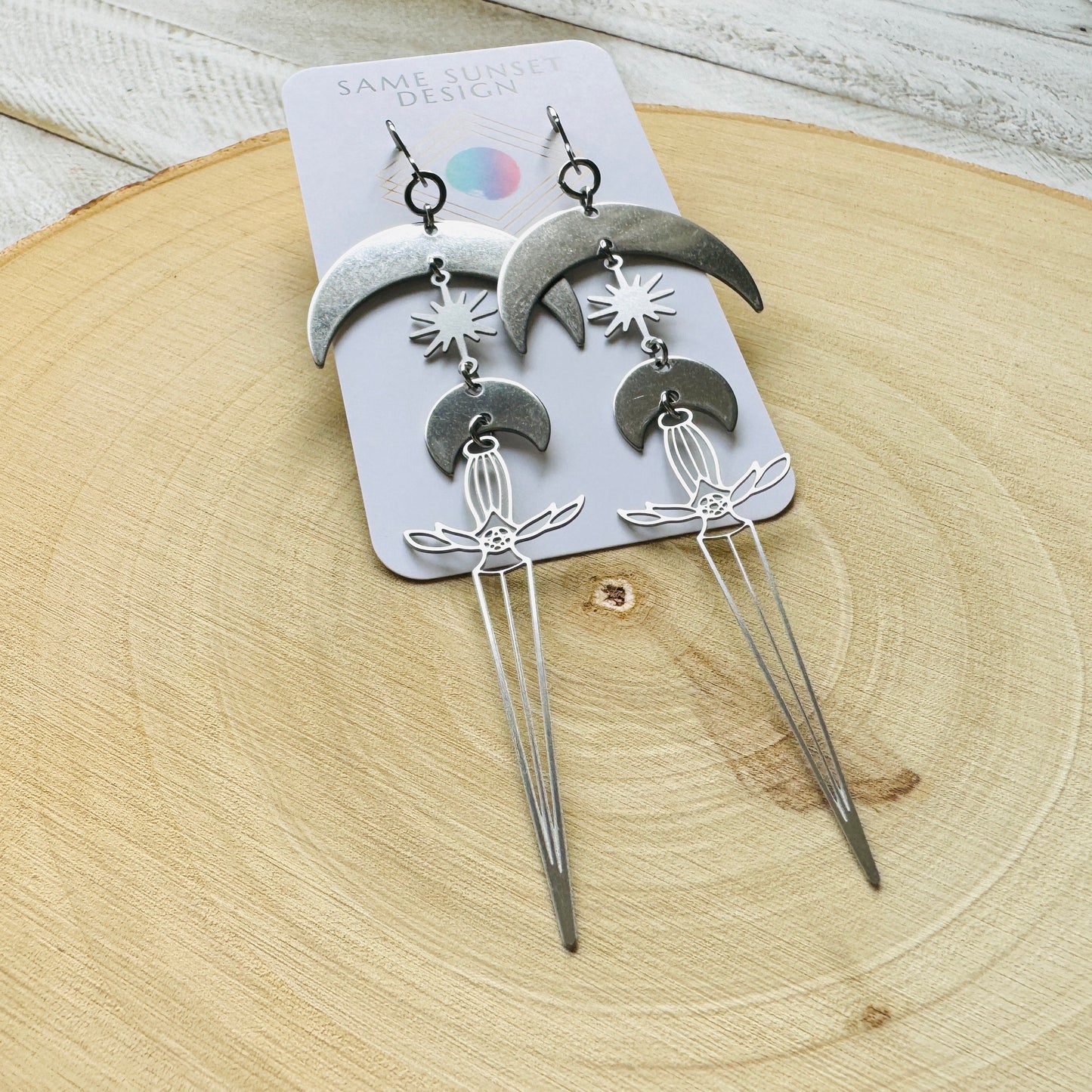 Silver Sword Moon Earrings