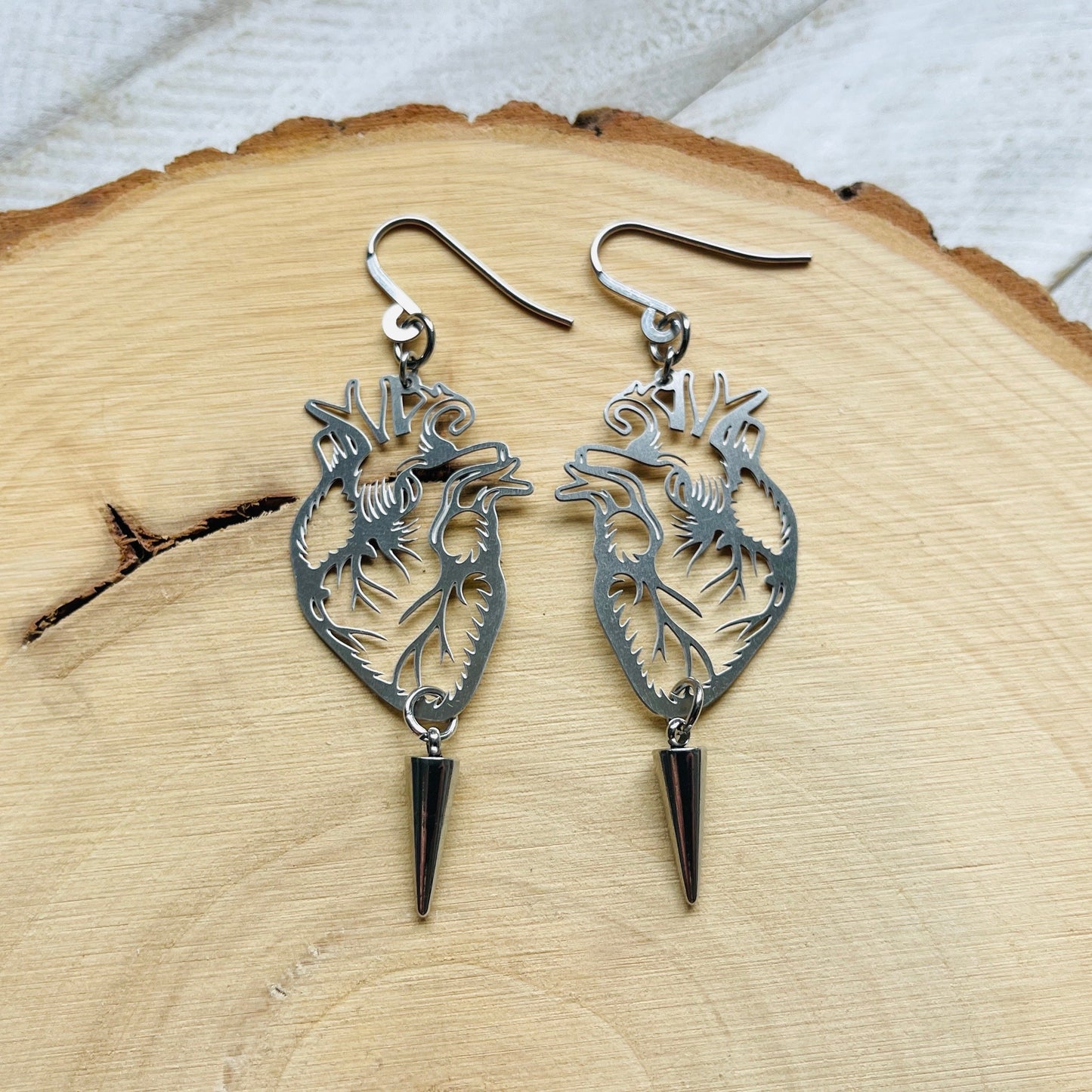 Silver Anatomical Heart Spike Earrings