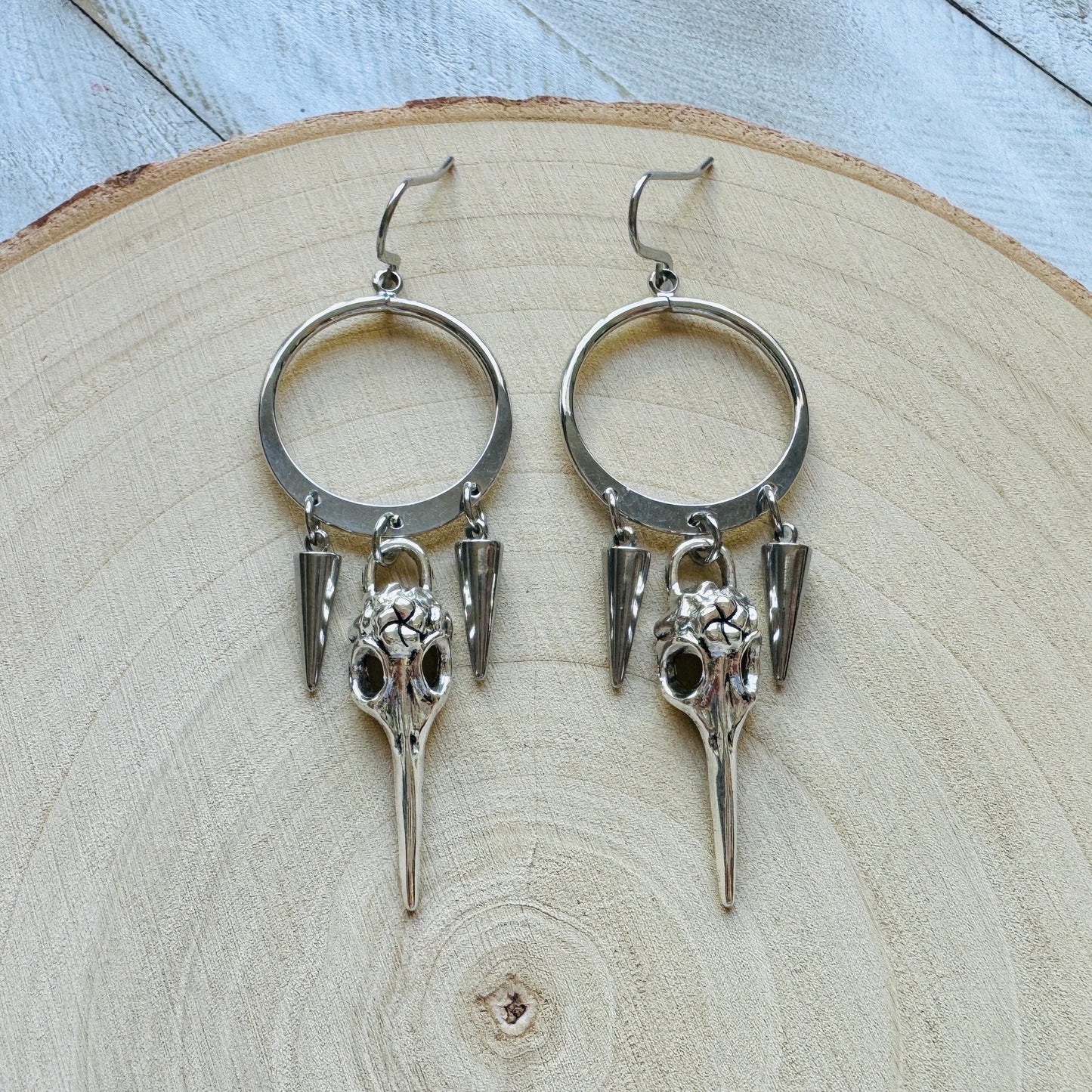 Silver Hoop Bird Skull Earrings