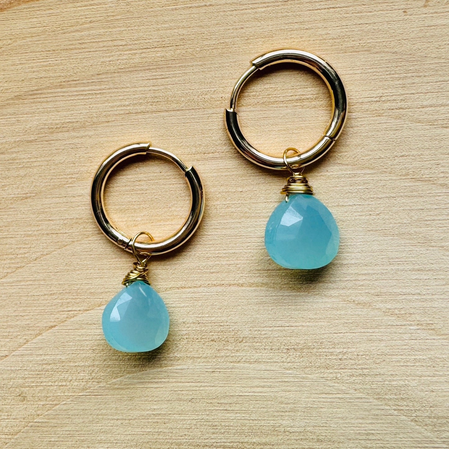 Aqua Chalcedony Huggie Hoop Earrings
